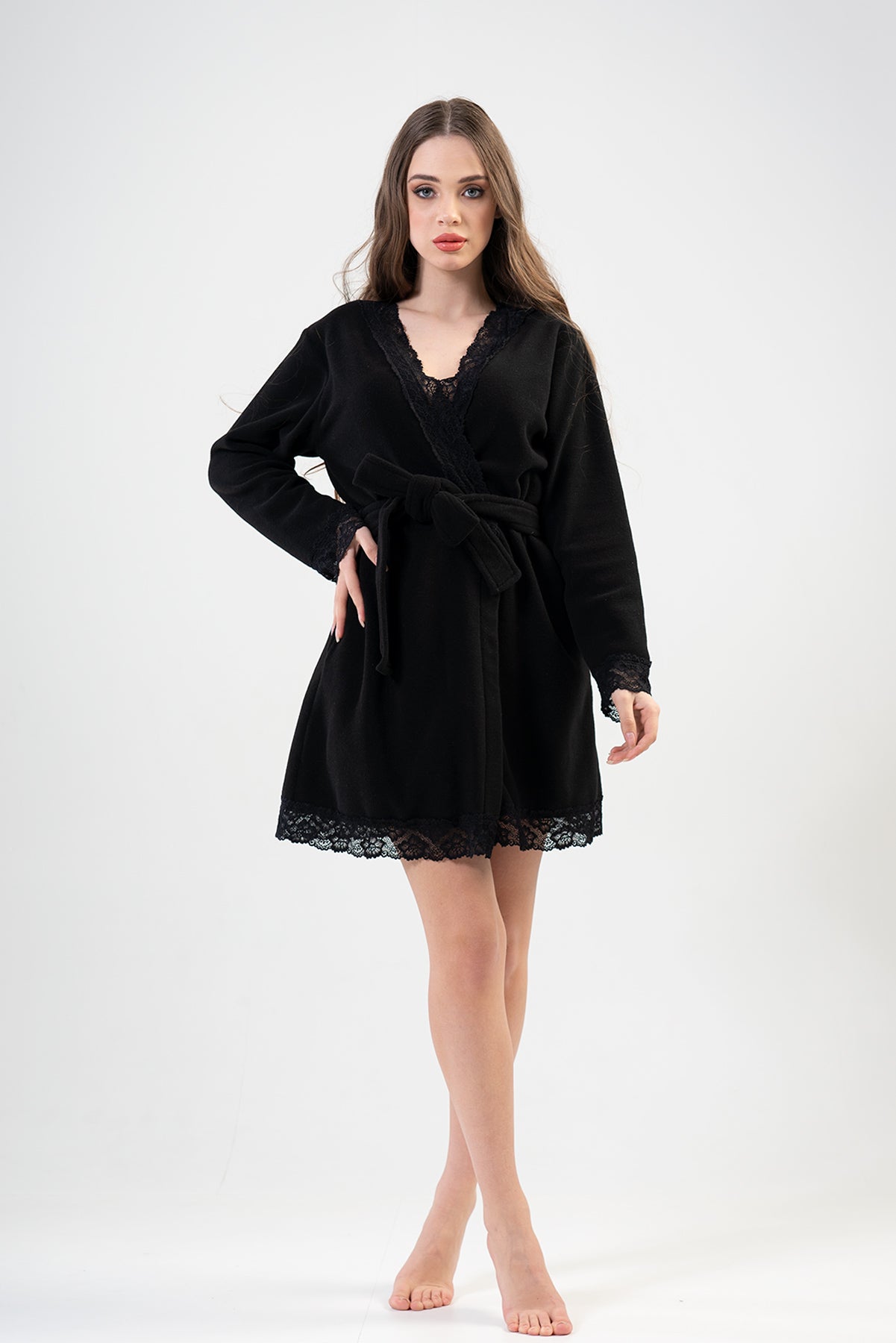 BAYAN POLAR UZUN KOL DANTELLI KISA CEPLI SABAHLIK