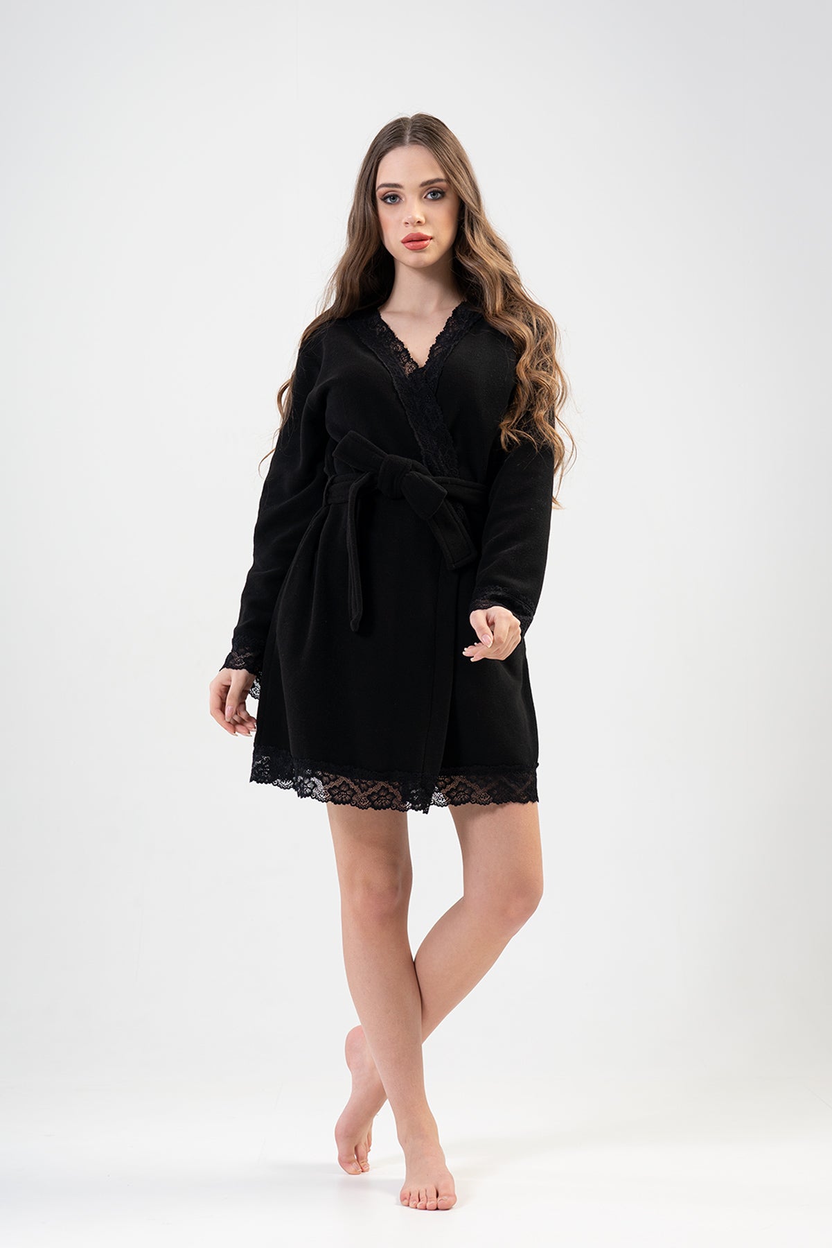 BAYAN POLAR UZUN KOL DANTELLI KISA CEPLI SABAHLIK