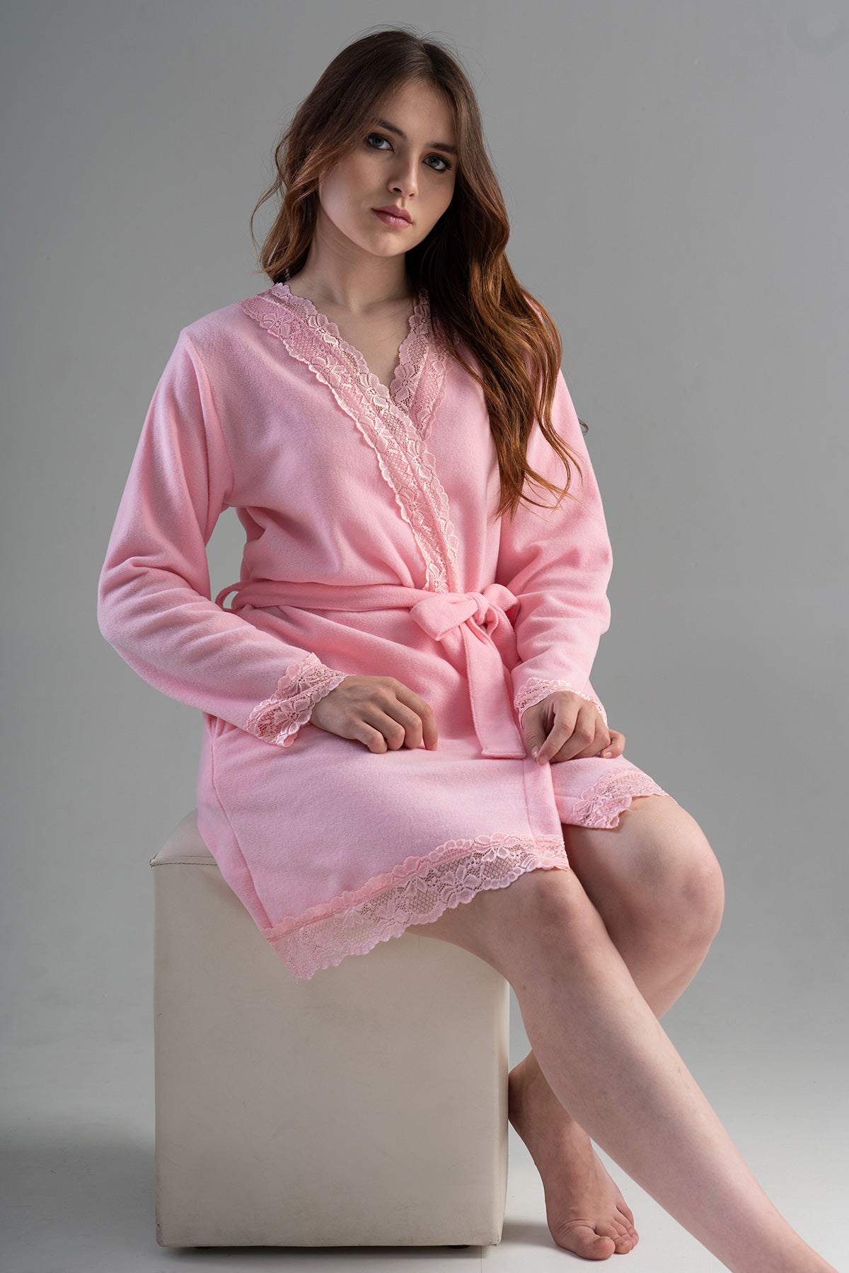 KADIN POLAR UZUN KOL DANTELLI KISA CEPLI SABAHLIK - PINK