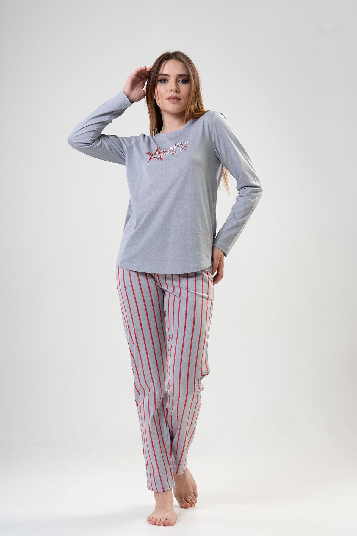 KADIN P.SUPREM O YAKA UZUN KOL ETEGI OVAL CEPLI PIJAMA TAKIM"