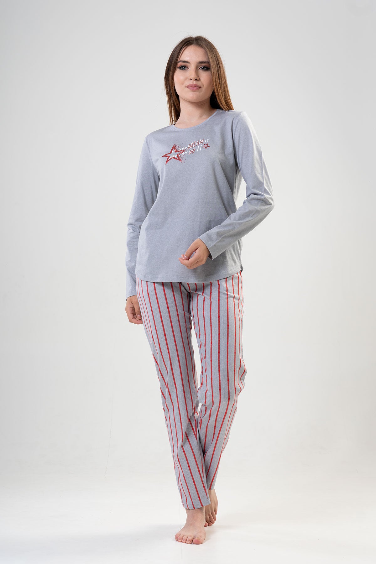 KADIN P.SUPREM O YAKA UZUN KOL ETEGI OVAL CEPLI PIJAMA TAKIM"