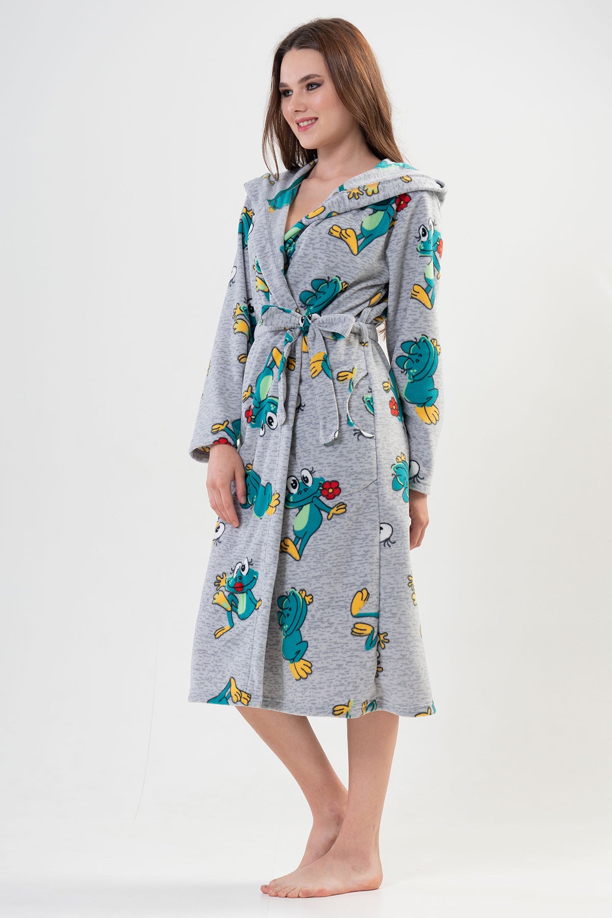 KADIN POLAR KAPSONLU CEPLI UZUN SABAHLIK - GRAY MELANGE