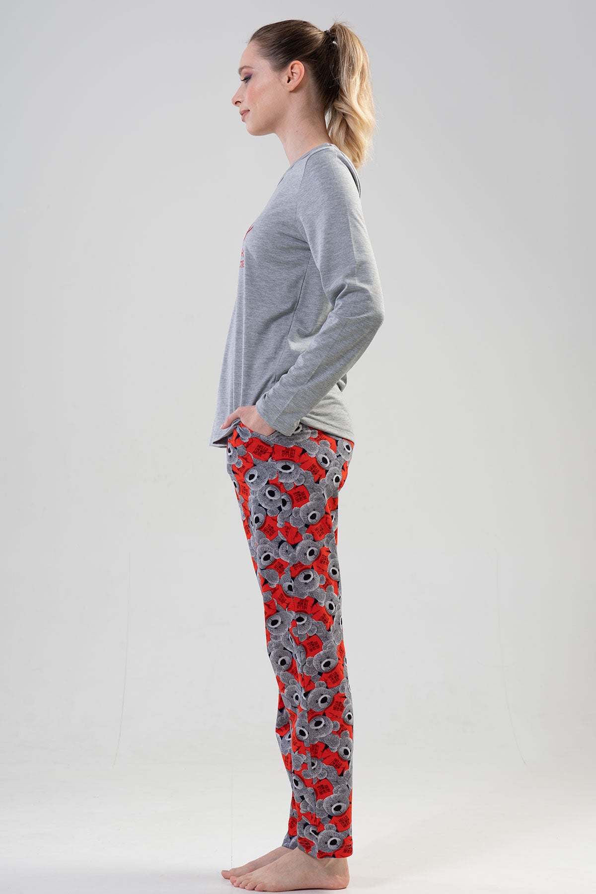 KADIN P.SUPREM O YAKA UZUN KOL ETEGI OVAL CEPLI PIJAMA TAKIM" - GRAY MELANGE