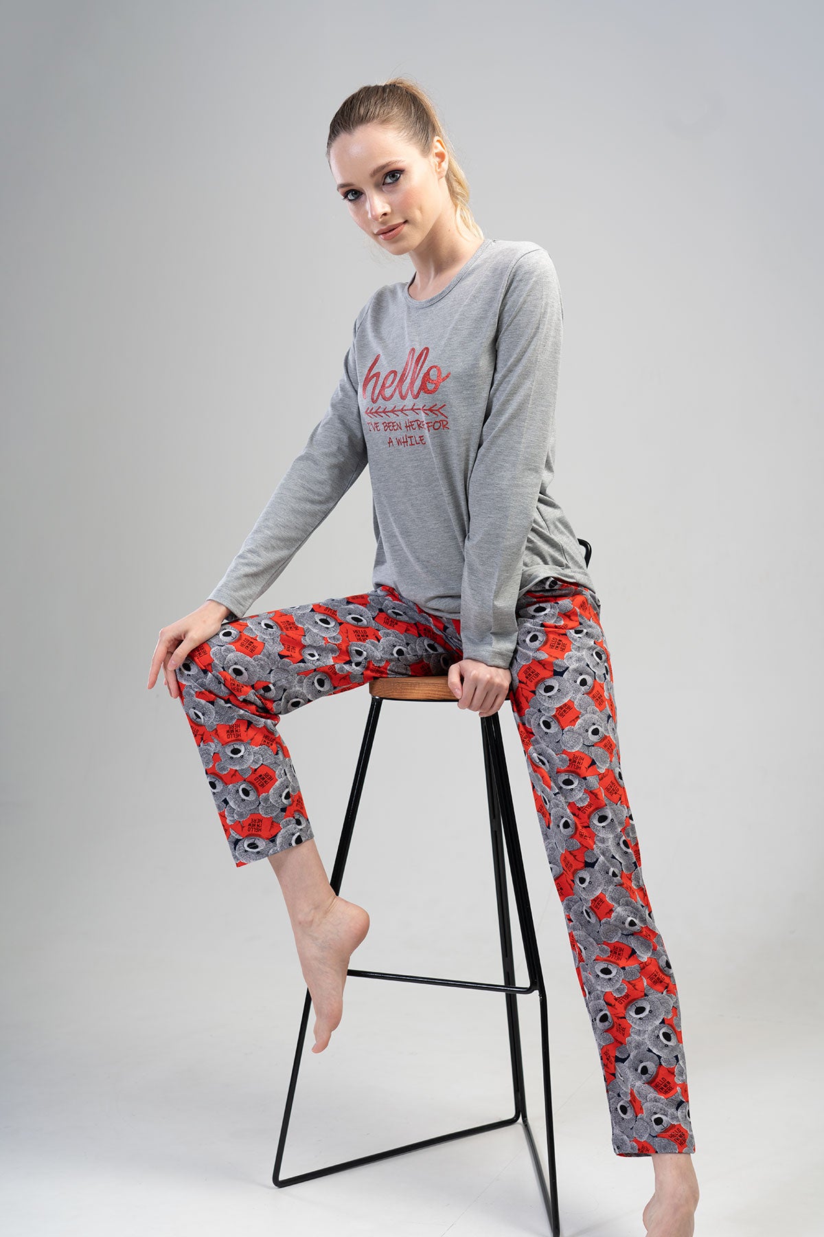 KADIN P.SUPREM O YAKA UZUN KOL ETEGI OVAL CEPLI PIJAMA TAKIM" - GRAY MELANGE