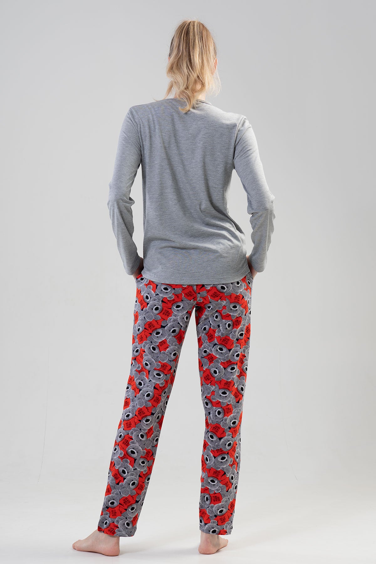 KADIN P.SUPREM O YAKA UZUN KOL ETEGI OVAL CEPLI PIJAMA TAKIM" - GRAY MELANGE