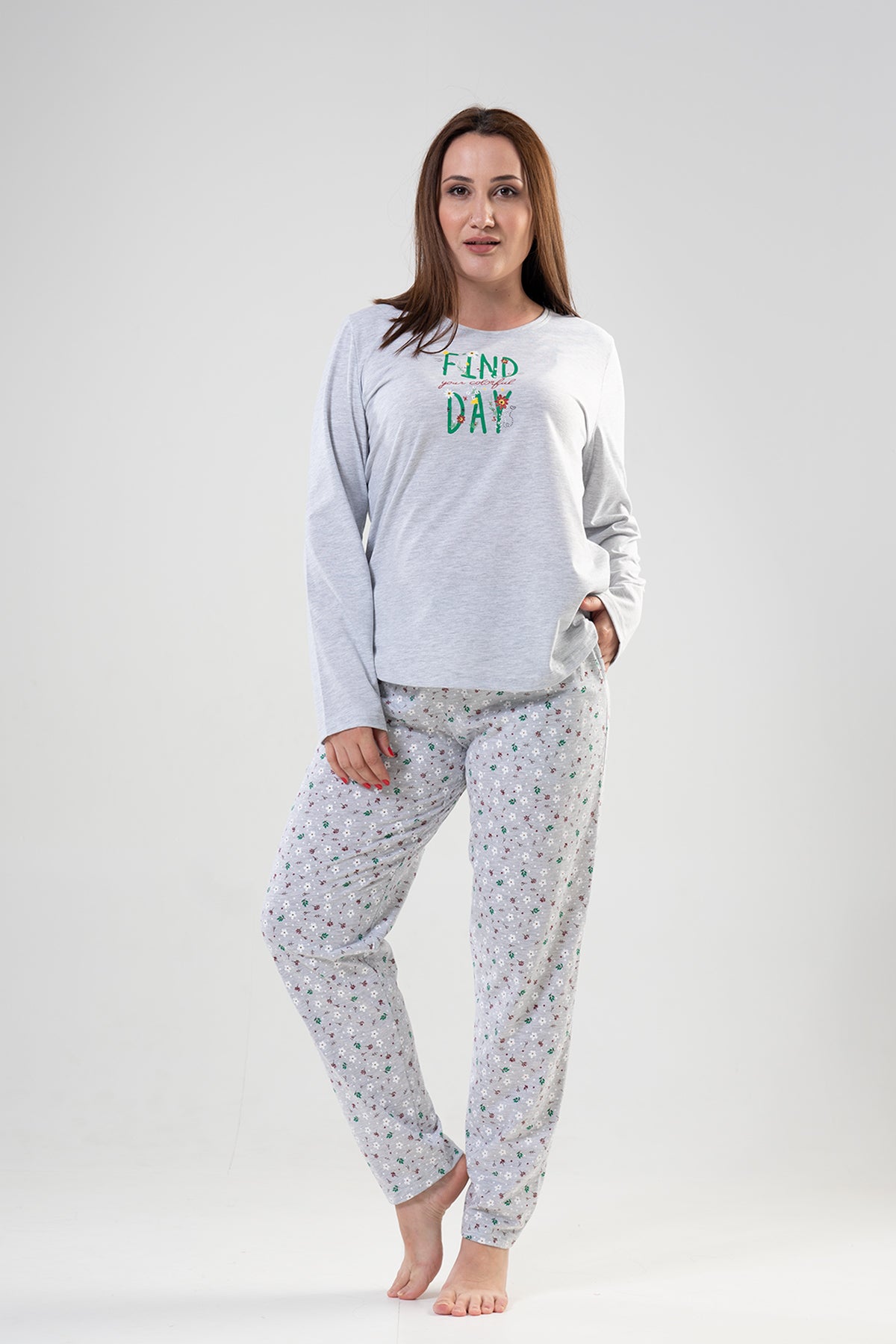 BAYAN P.SUPREM XXL O YAKA UZUN KOL ETEGI OVAL CEPLI PIJAMA TAKIM - GRAY MELANGE