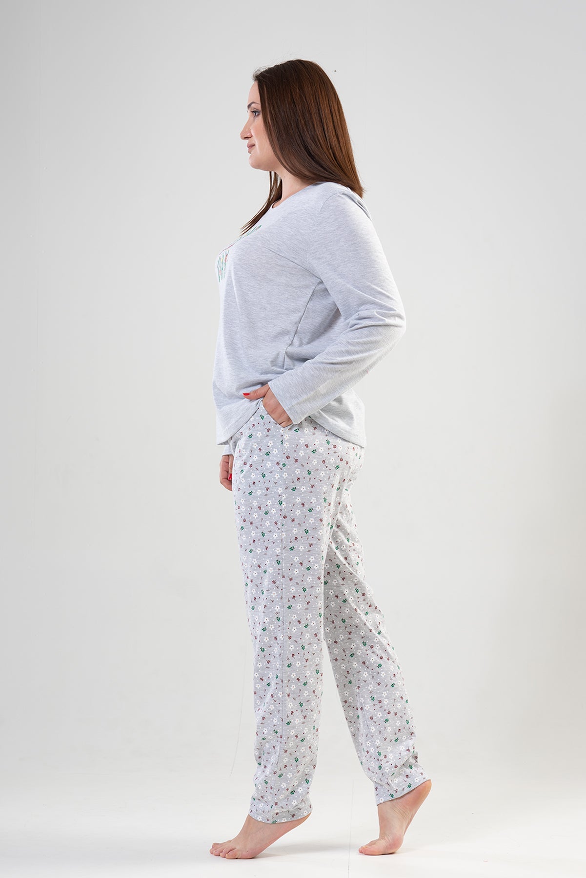 BAYAN P.SUPREM XXL O YAKA UZUN KOL ETEGI OVAL CEPLI PIJAMA TAKIM - GRAY MELANGE