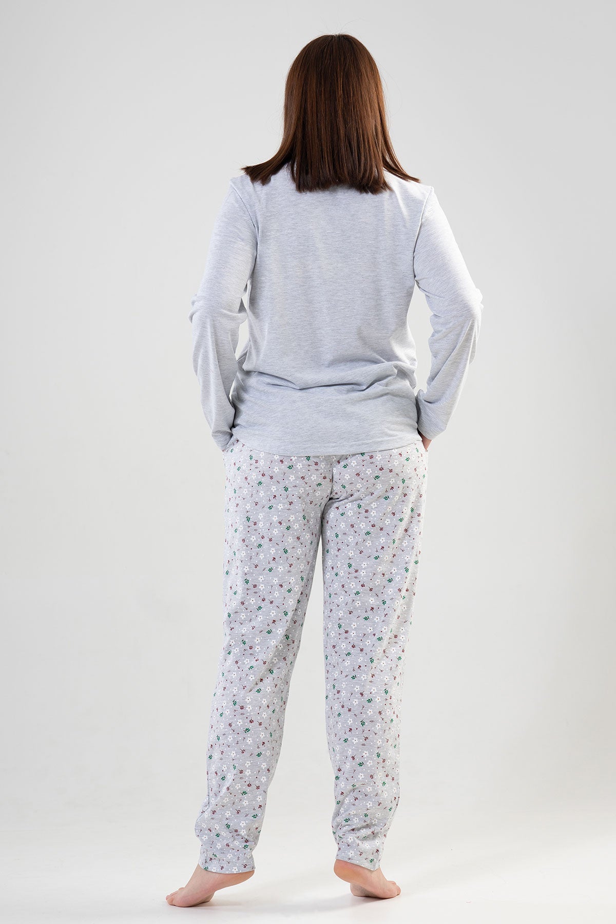 BAYAN P.SUPREM XXL O YAKA UZUN KOL ETEGI OVAL CEPLI PIJAMA TAKIM - GRAY MELANGE
