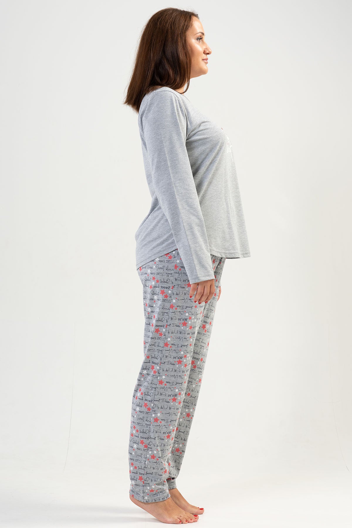 WOMEN'S P.SUPREM XXL O-NECK LONG SLEEVE SKIRT WITH OVAL POCKET PAJAMA SET - GRAY MELANGE