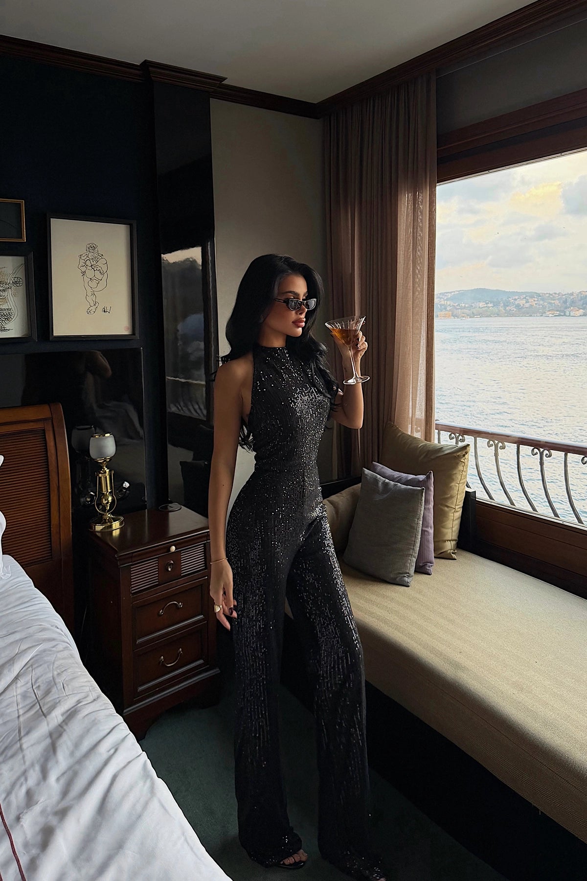 Siyah Simli Askılı Abiye Tulum XS