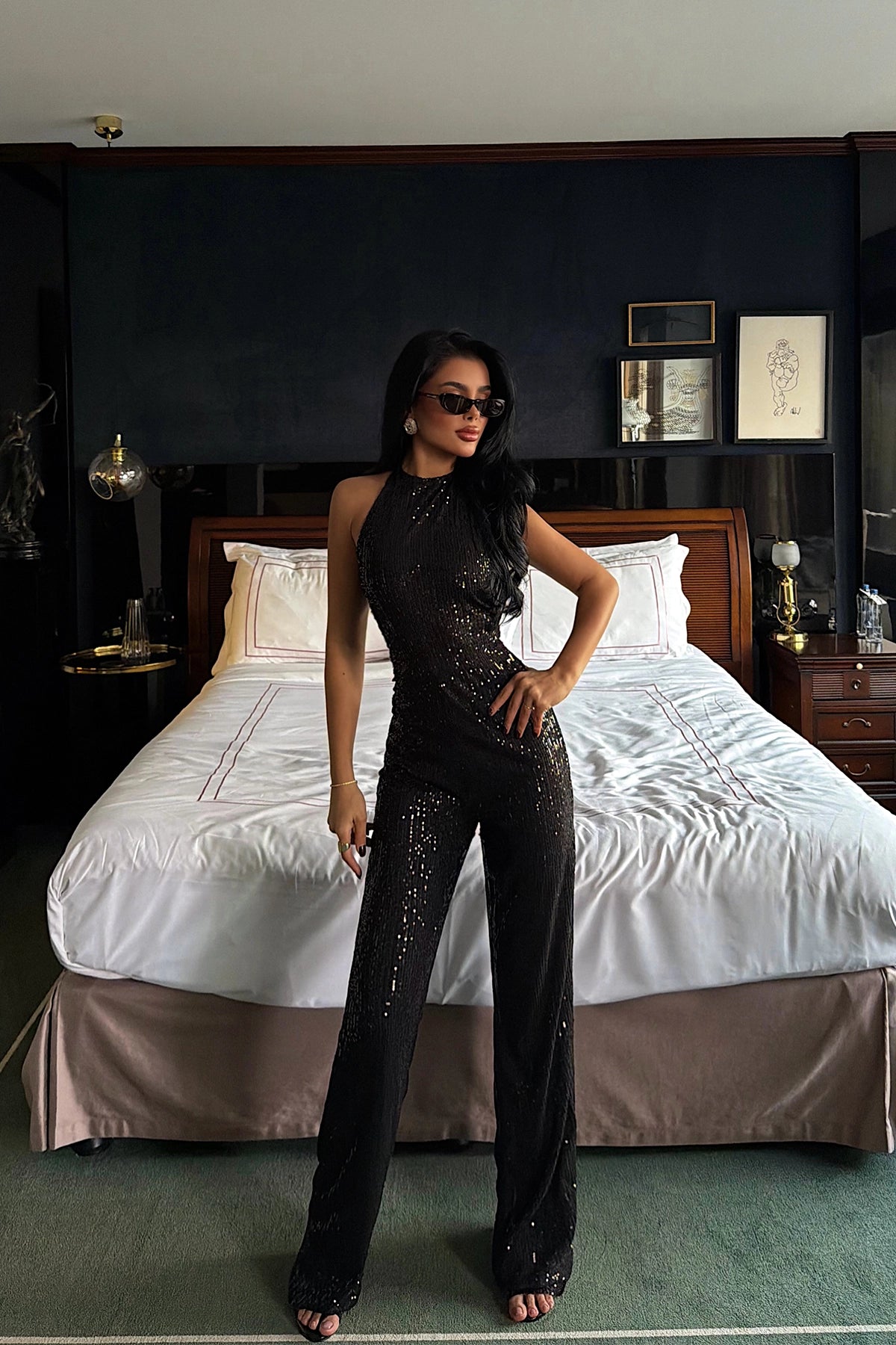 Siyah Simli Askılı Abiye Tulum