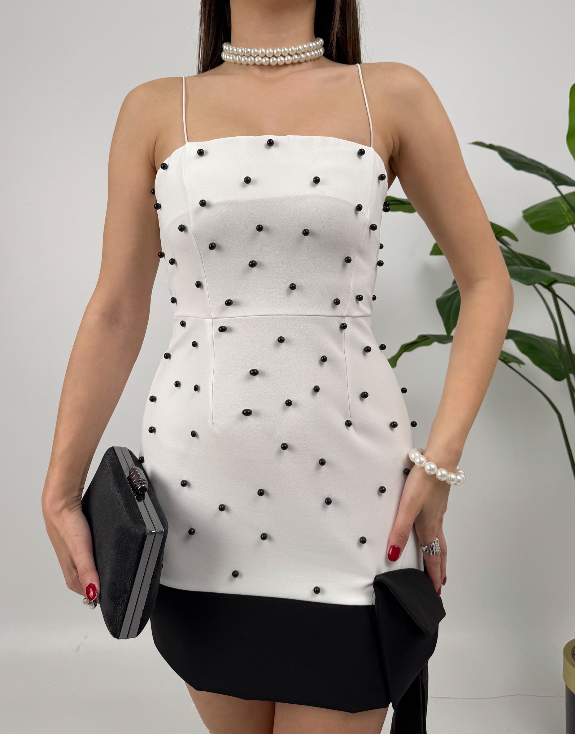 2046 PEARL EMBELLISHED BOW DETAIL STRAPLESS MINI DRESS