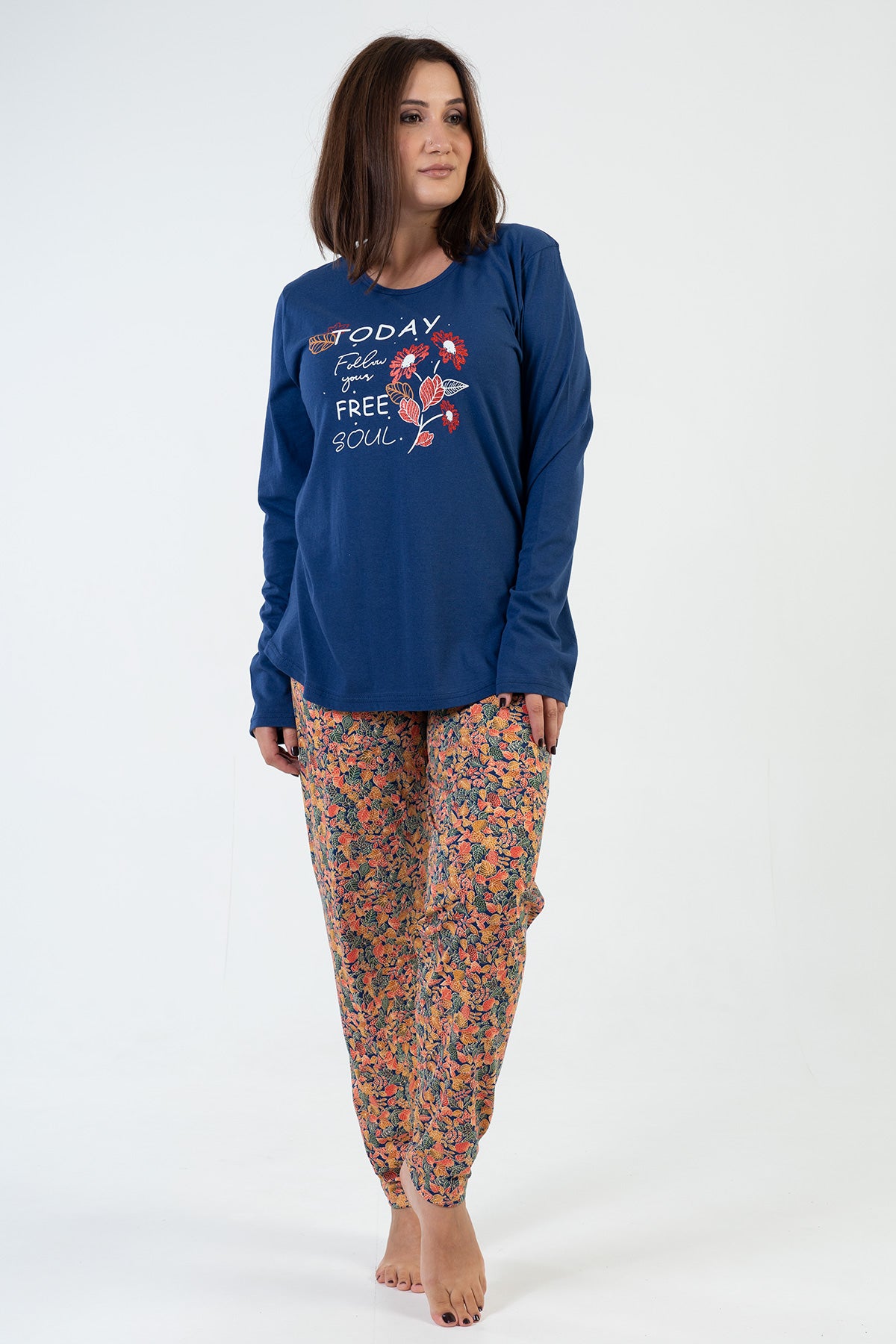 KADIN P.SUPREM XXL O YAKA UZUN KOL ETEGI OVAL PIJAMA TAKIM - 1193INDIGO