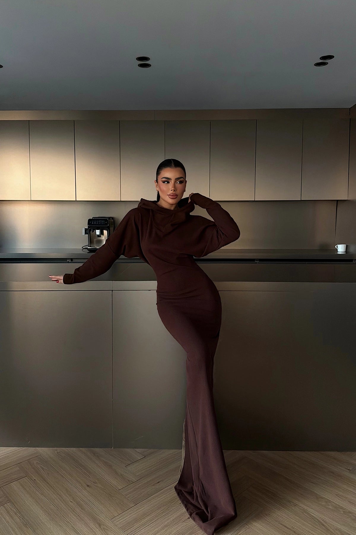 Acı Kahve Magma Uzun Kapüşonlu Elbise XS