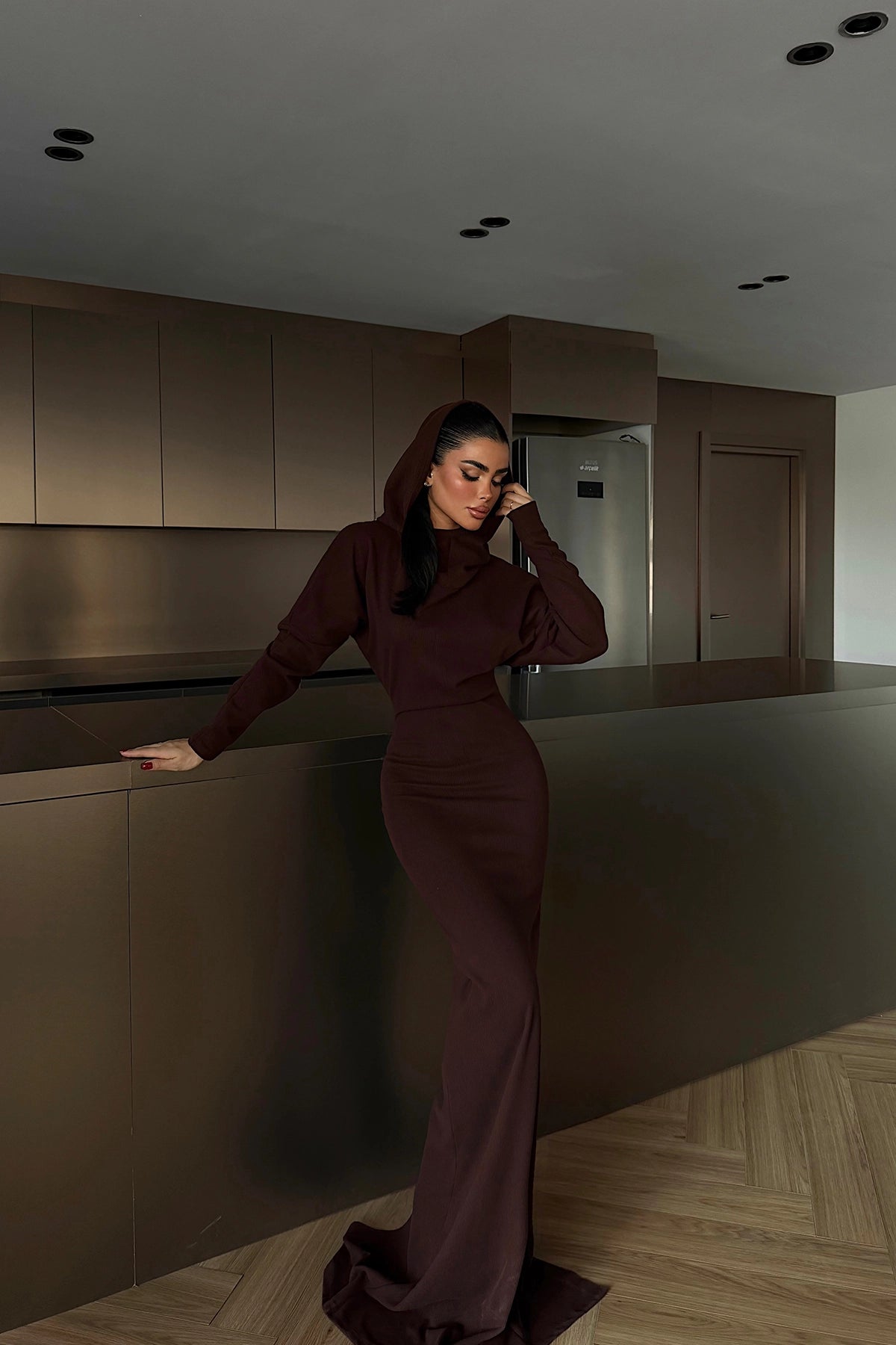 Acı Kahve Magma Uzun Kapüşonlu Elbise