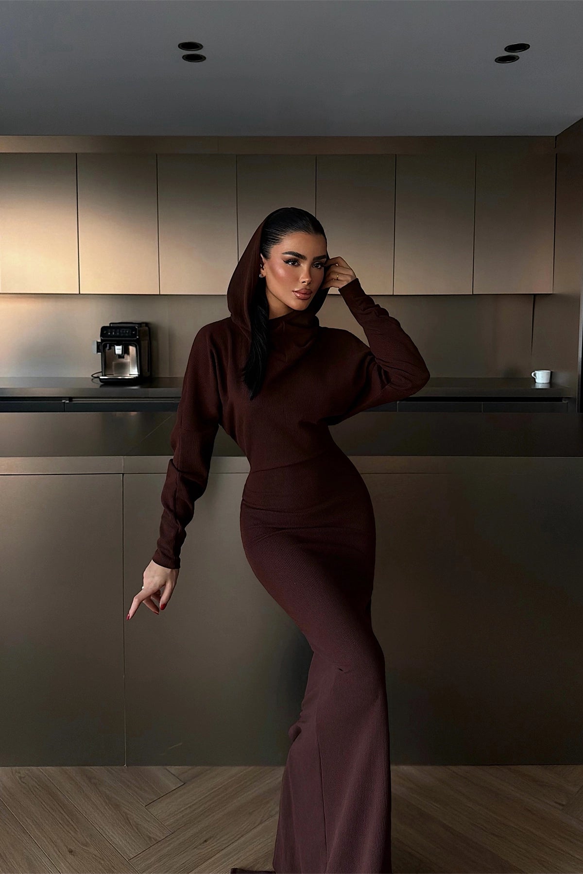 Acı Kahve Magma Uzun Kapüşonlu Elbise