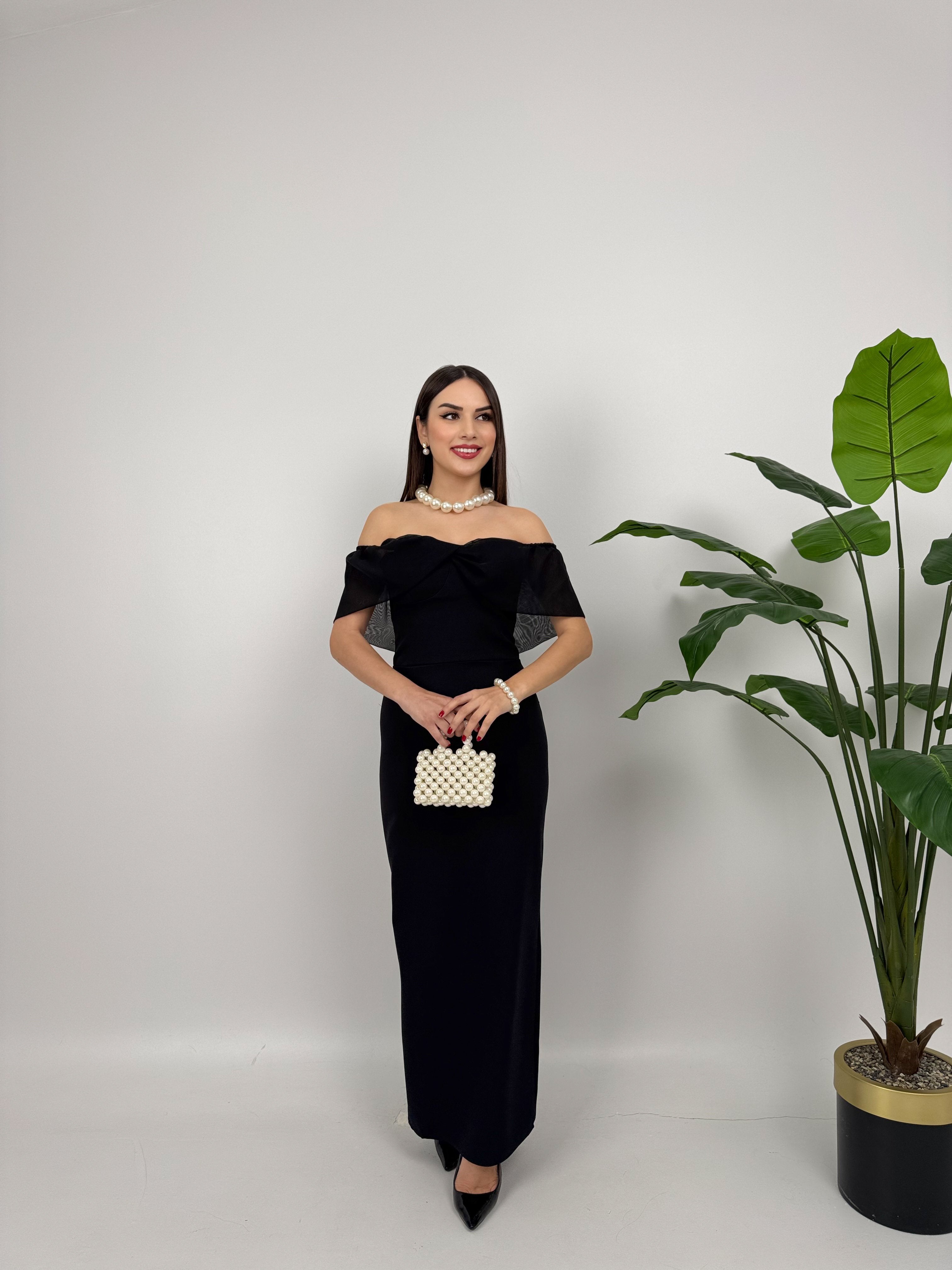 2091 STRAPLEZ ŞİFON GARNİLİ ATLAS GLOPLU ELBİSE