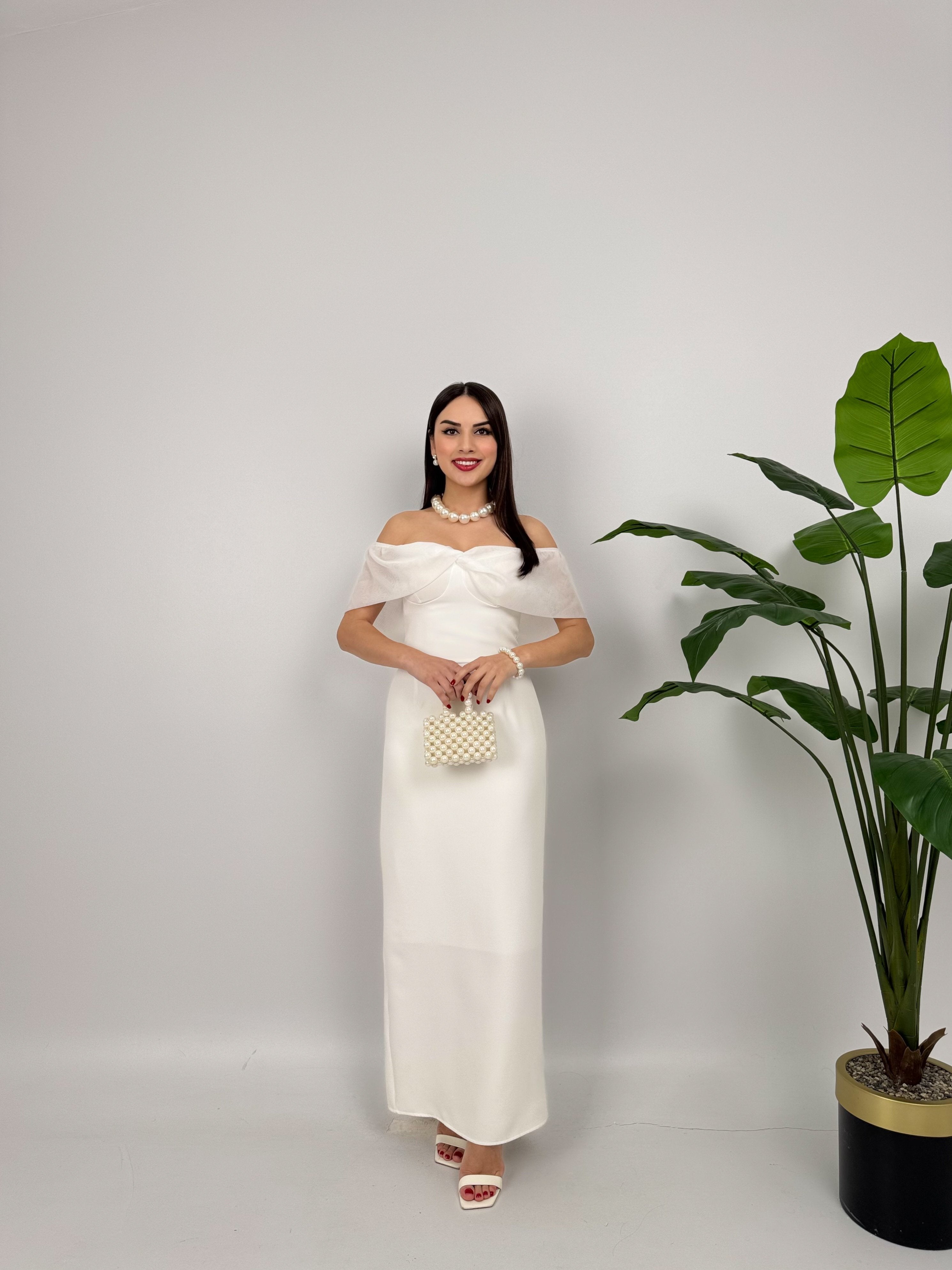 2091 STRAPLEZ ŞİFON GARNİLİ ATLAS GLOPLU ELBİSE