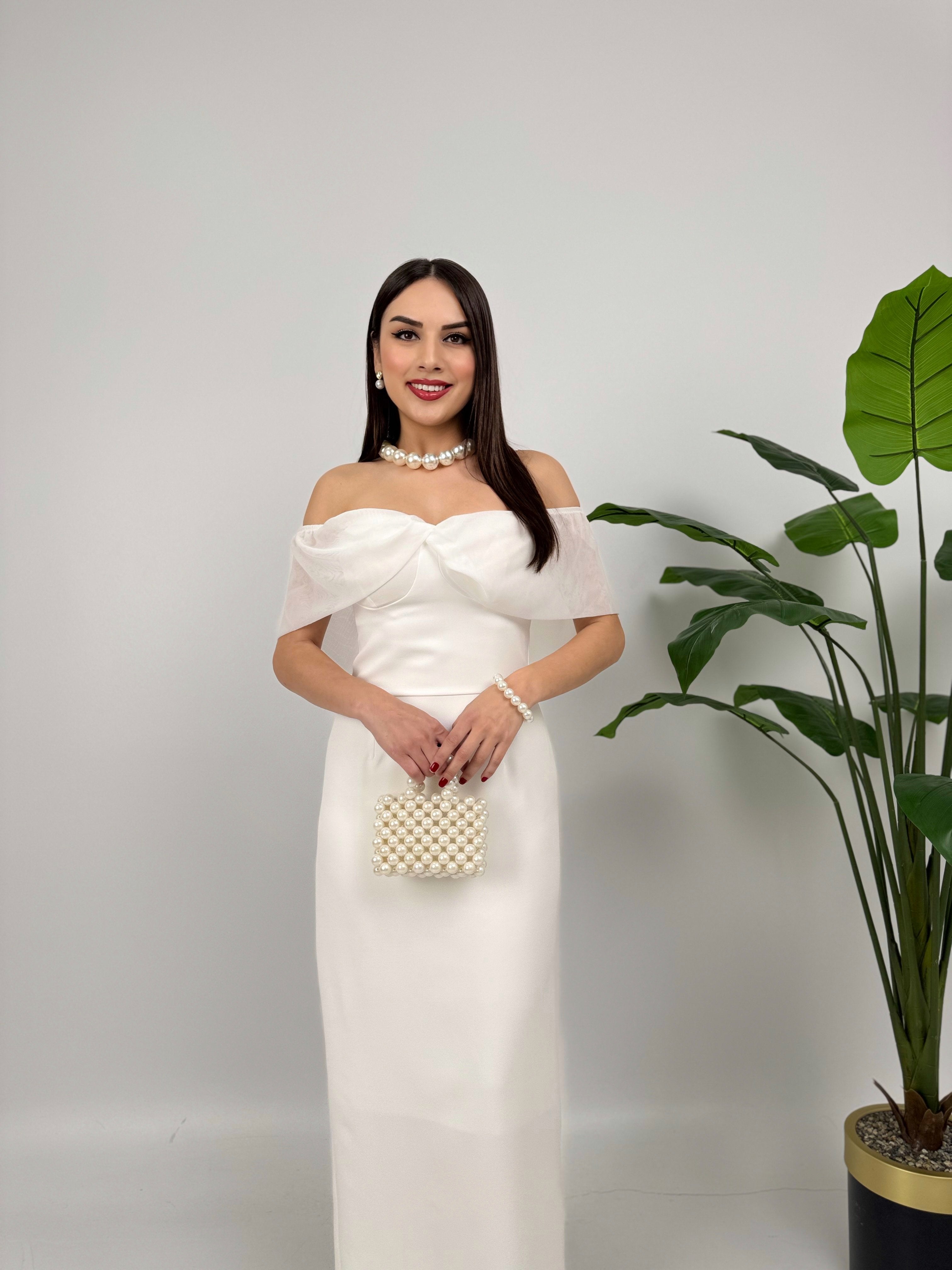 2091 STRAPLEZ ŞİFON GARNİLİ ATLAS GLOPLU ELBİSE
