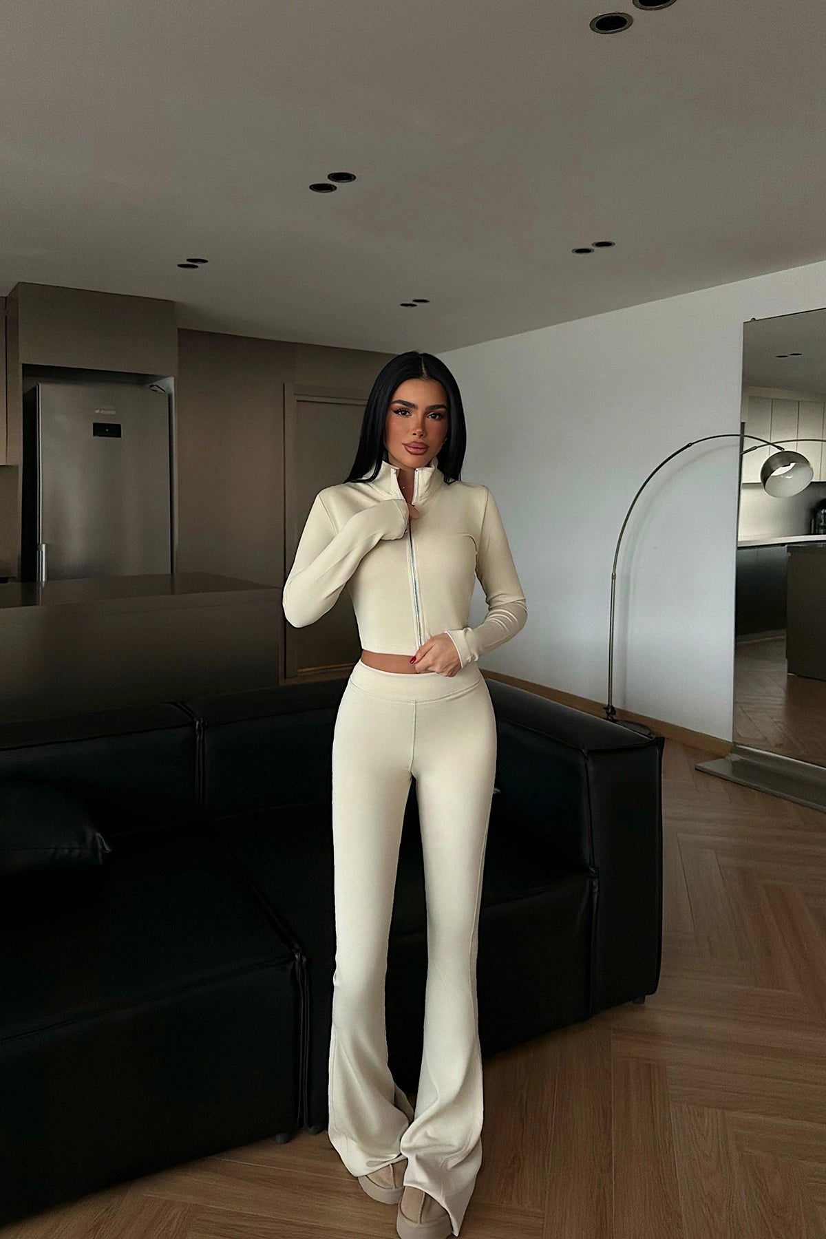 Krem Fermuar Detay Eşofman Takım