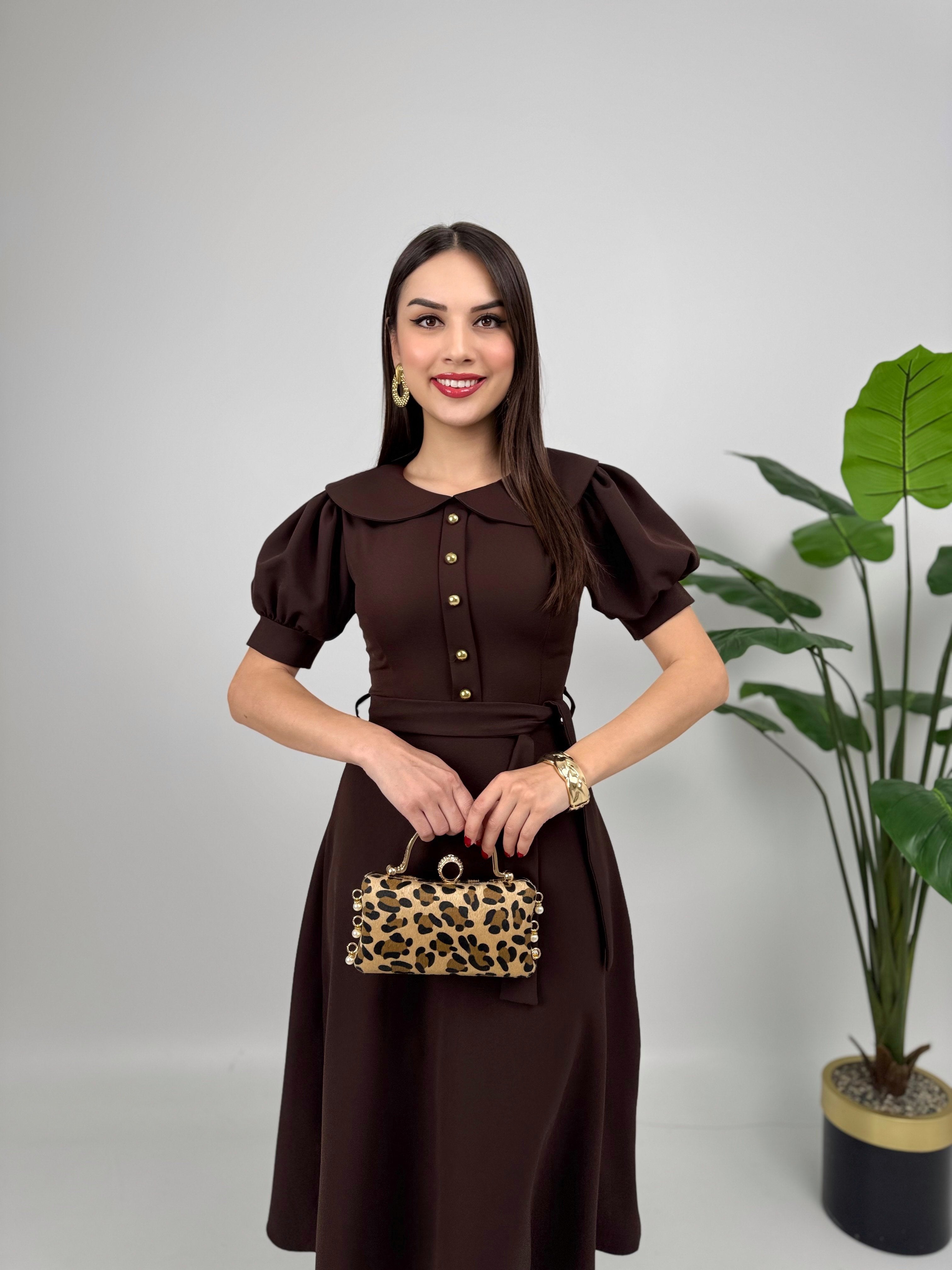 2111 BEBE YAKA KUŞAKLI MİDİ ELBİSE