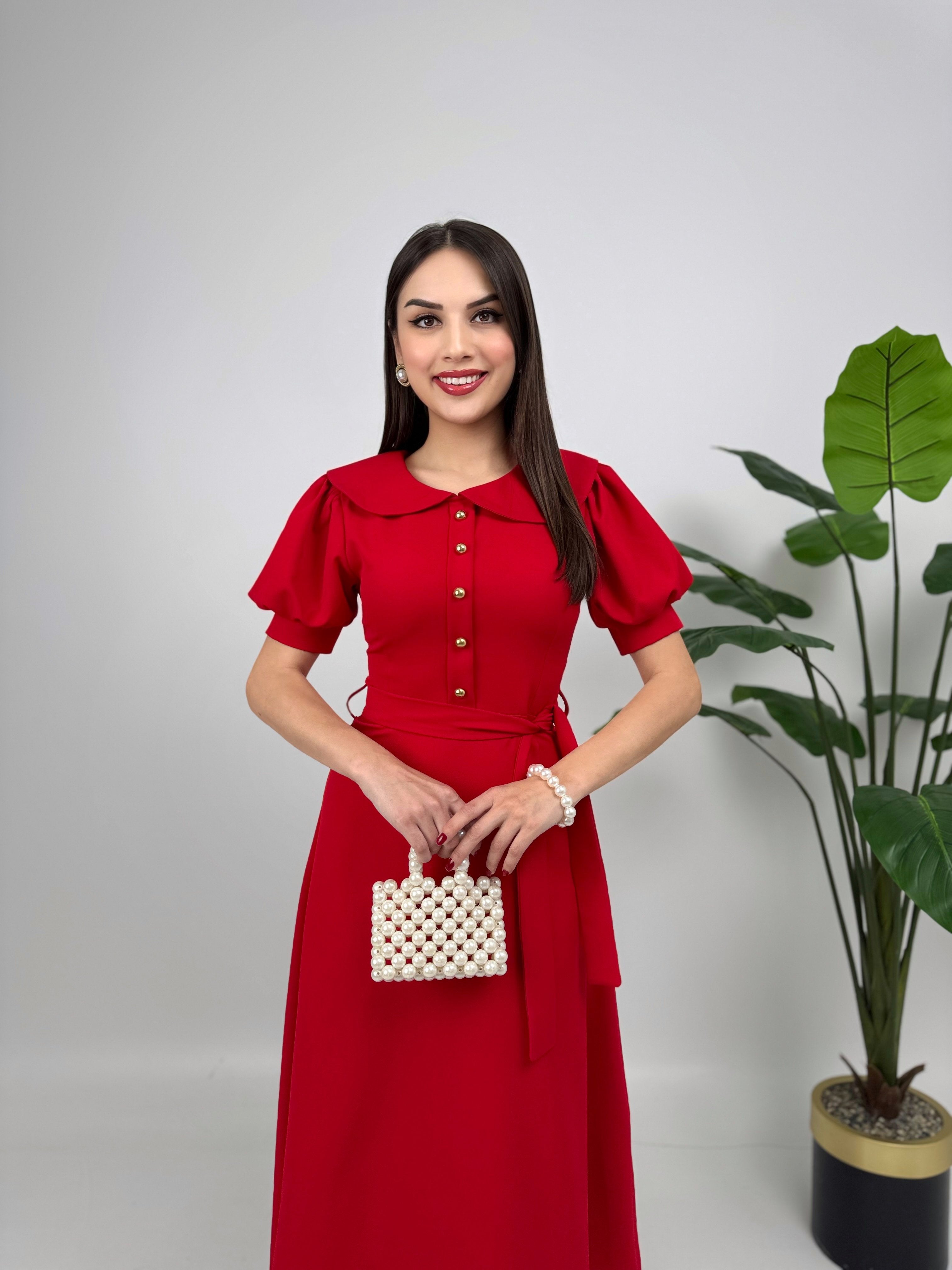 2111 BEBE YAKA KUŞAKLI MİDİ ELBİSE