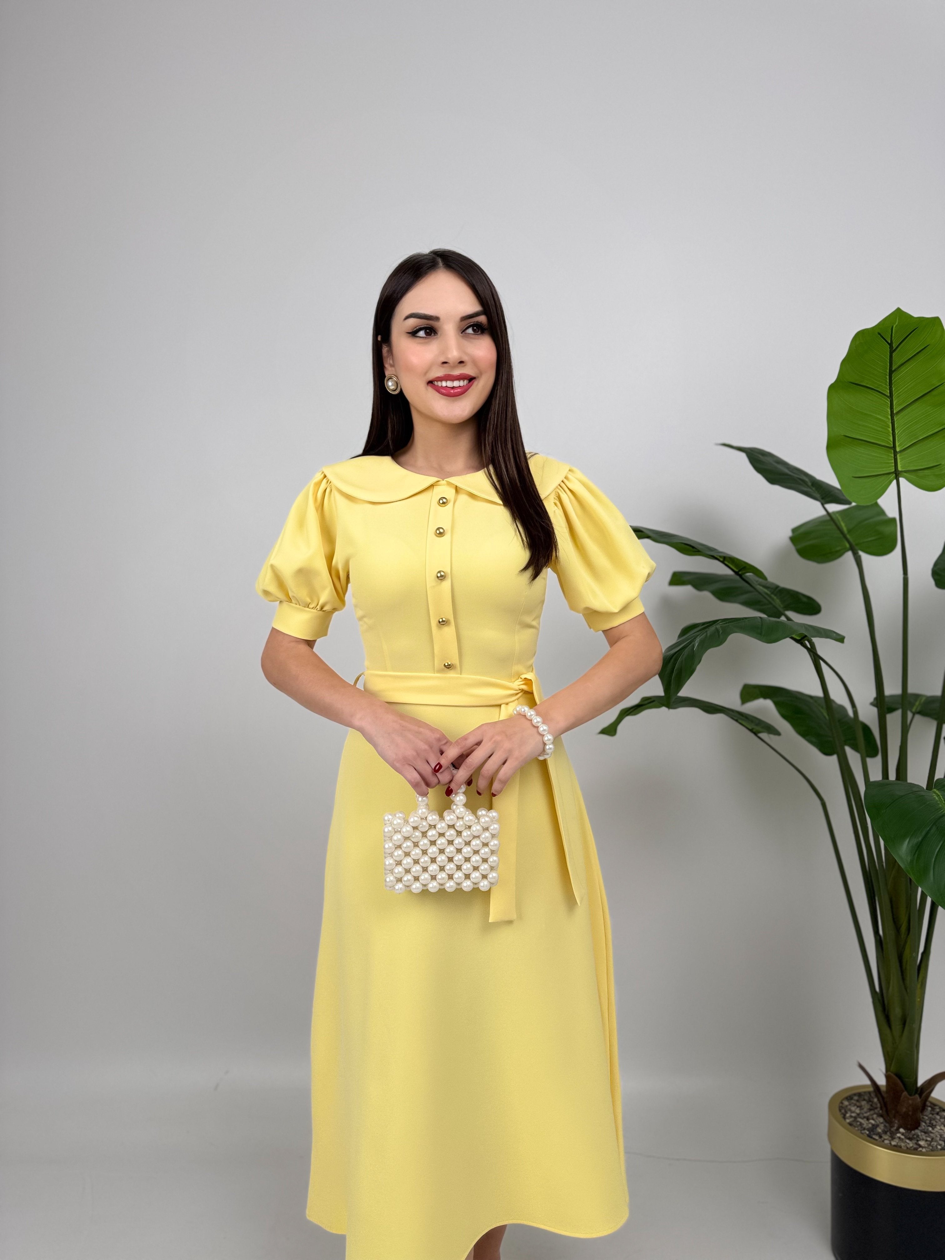 2111 BEBE YAKA KUŞAKLI MİDİ ELBİSE