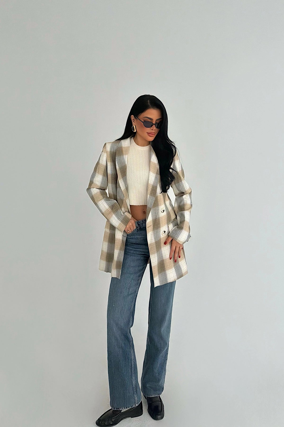 Brown Buttoned Plaid Jacket