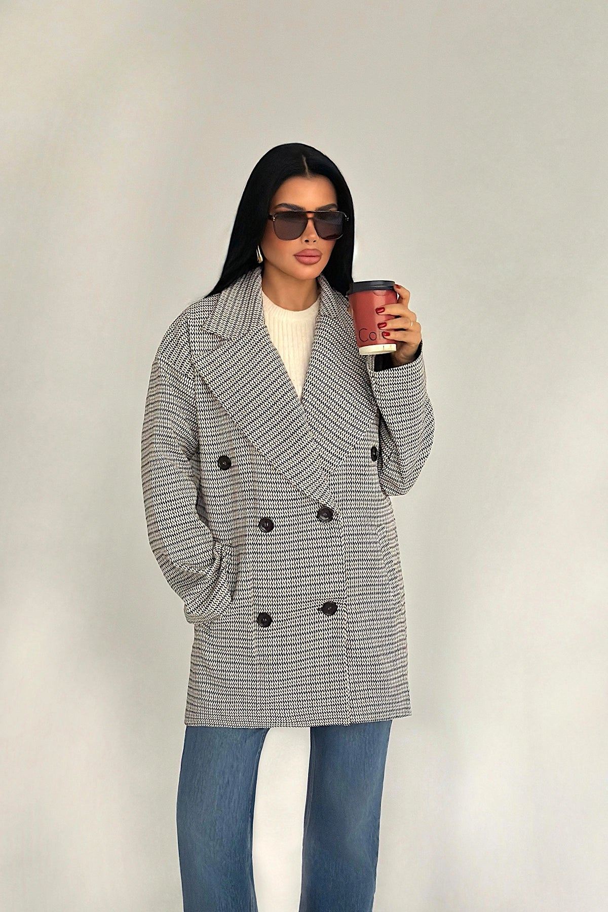 Kahverengi Çizgili Düğme Detay Ceket