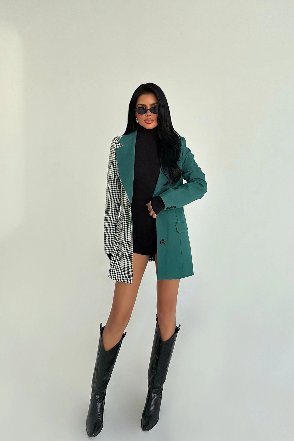 Yeşil Çift Renk Pötikare Ceket