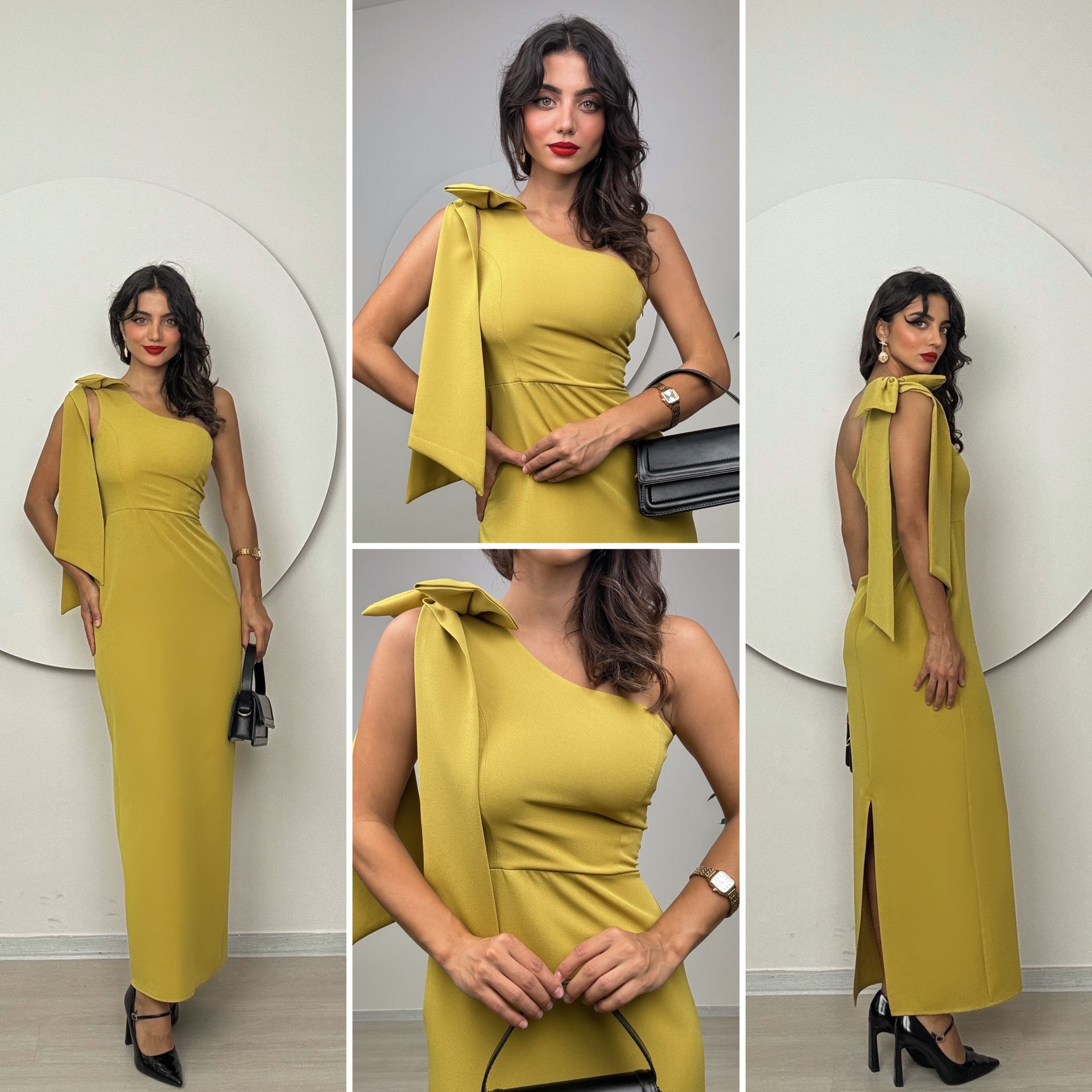 2136 TEK OMUZ FİYONKLU ELBİSE