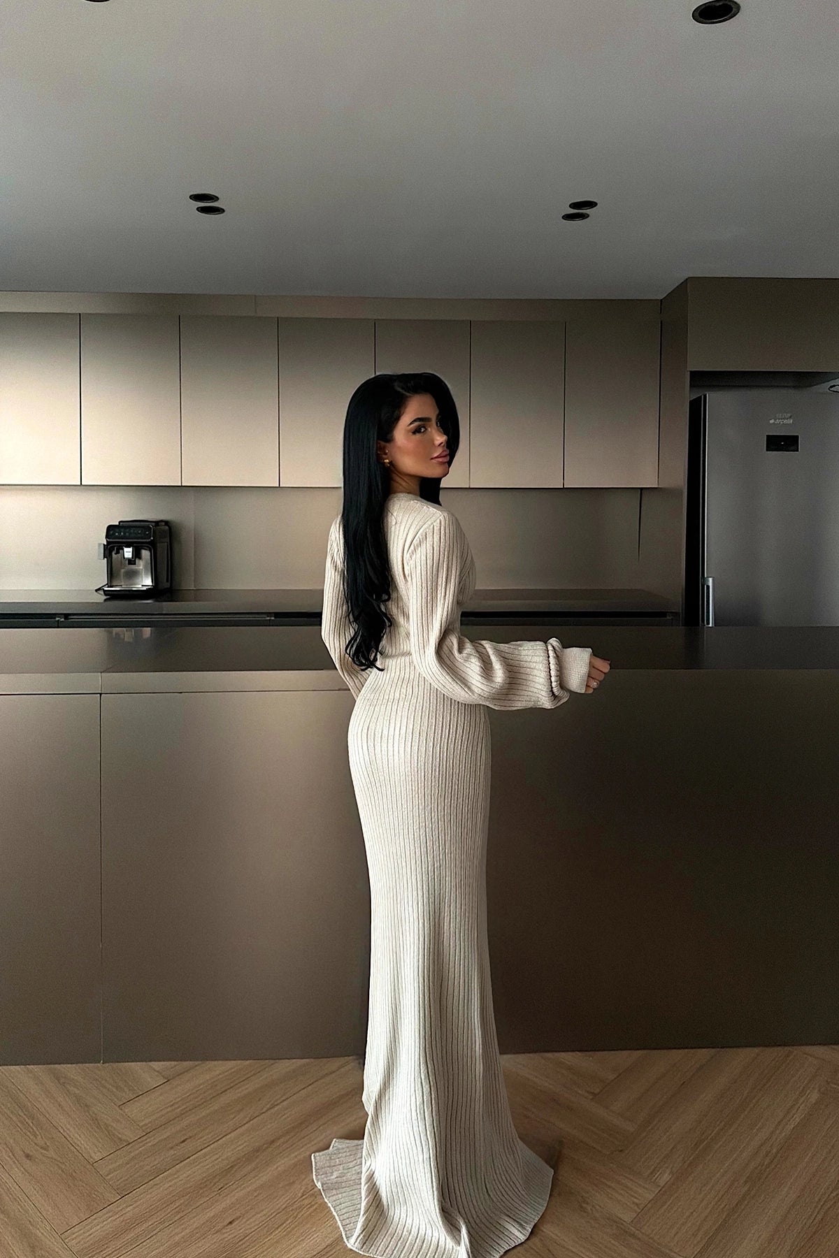 Krem Ophelie Triko Elbise