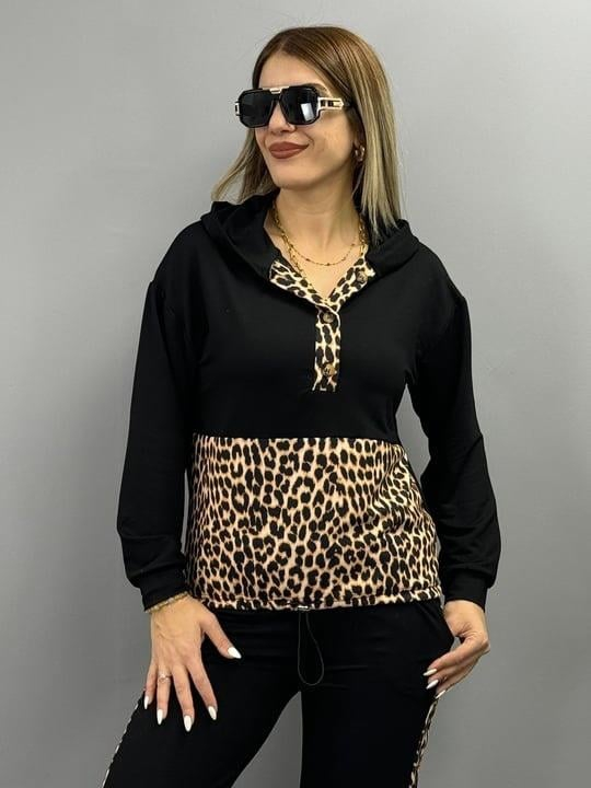 Kadın Uzun Kollu Leopar Detay Sweat Ve Yanı Leopar şerit Detay Pantolon Ikili Takım, 21578