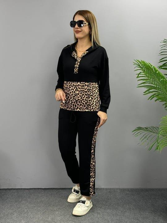 Kadın Uzun Kollu Leopar Detay Sweat Ve Yanı Leopar şerit Detay Pantolon Ikili Takım, 21578