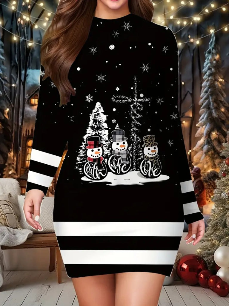Kadın Uzun Kollu Bisiklet Yaka Kardan Adam Desenli Dalgıç Noel Elbise, 21943