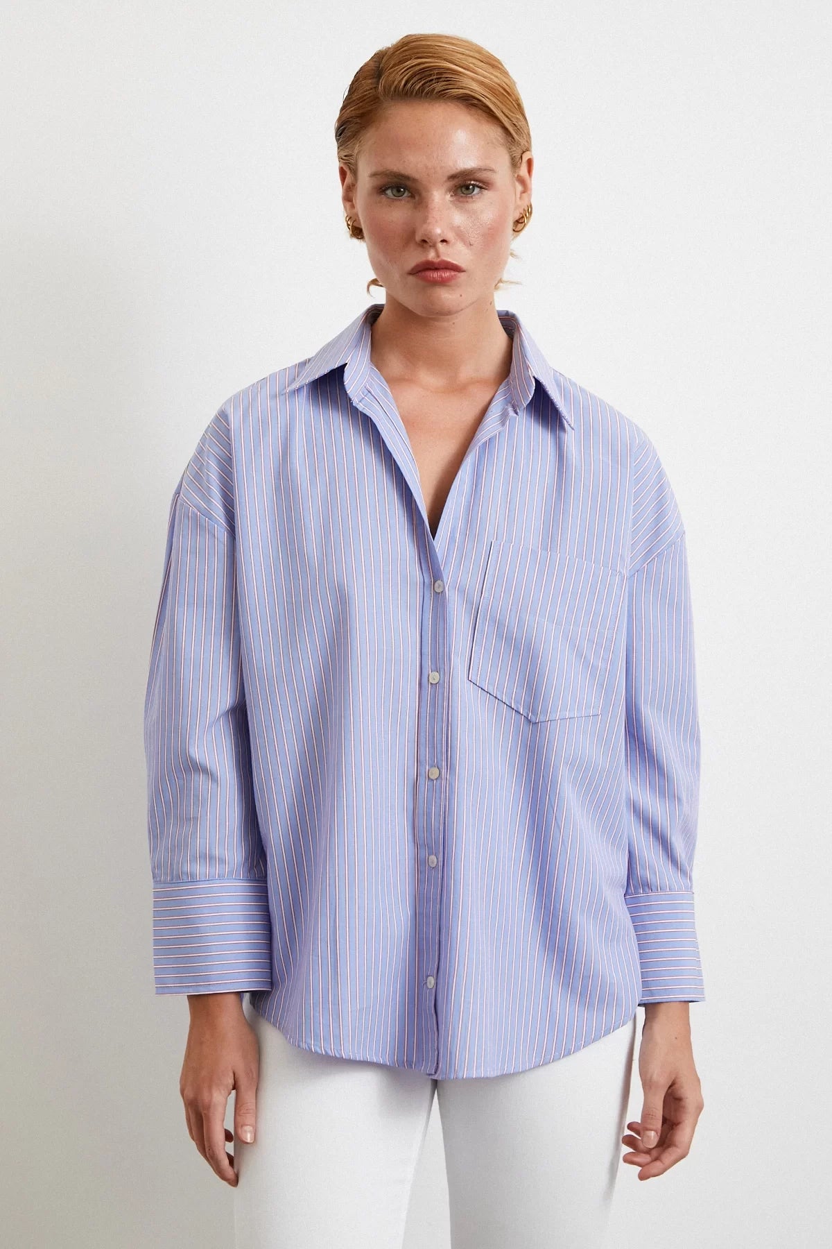 Modal Çizgili Oversize Gömlek - Mavi
