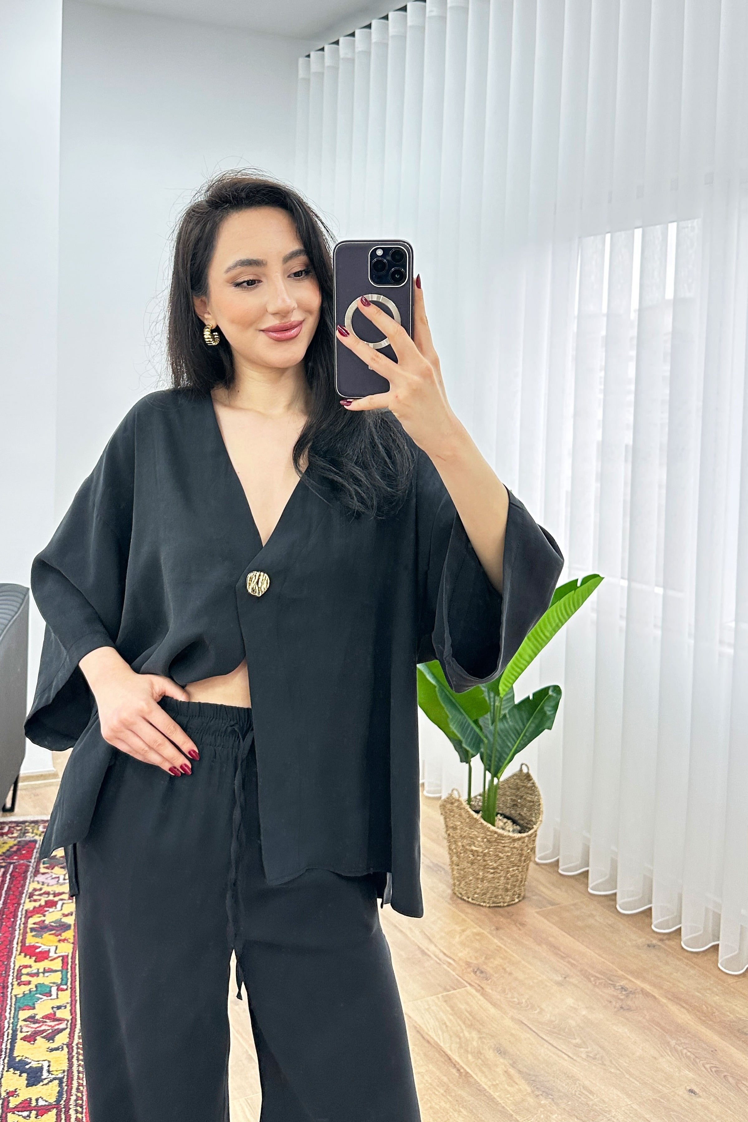 Modal Beli İp Bağlamalı Kruvaz Siyah Toptan Bluz Pantolon Takım
