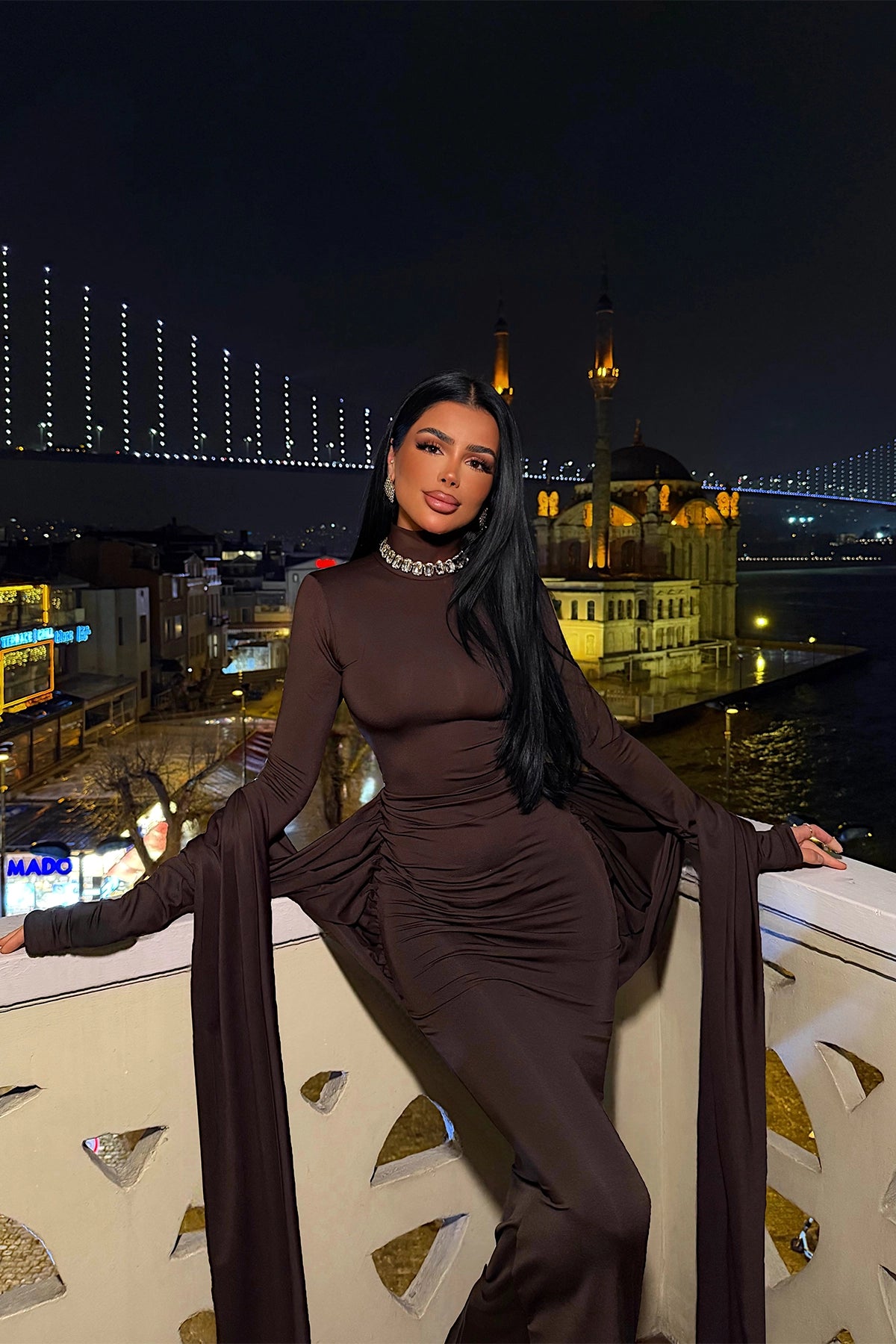 Acı Kahve Uzun Abiye Elbise