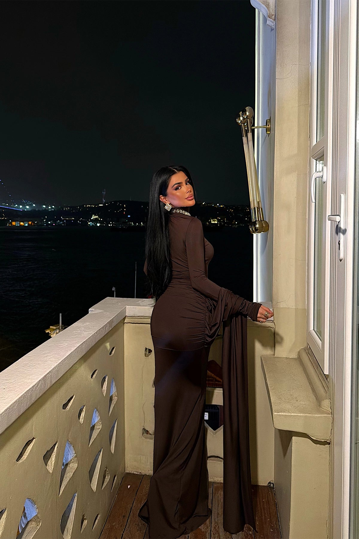 Acı Kahve Uzun Abiye Elbise