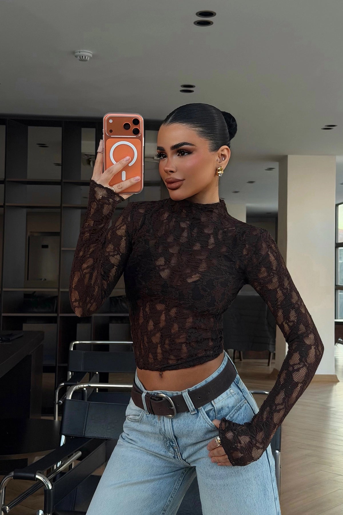 Acı Kahve Raquel Dantel Transparan Bluz
