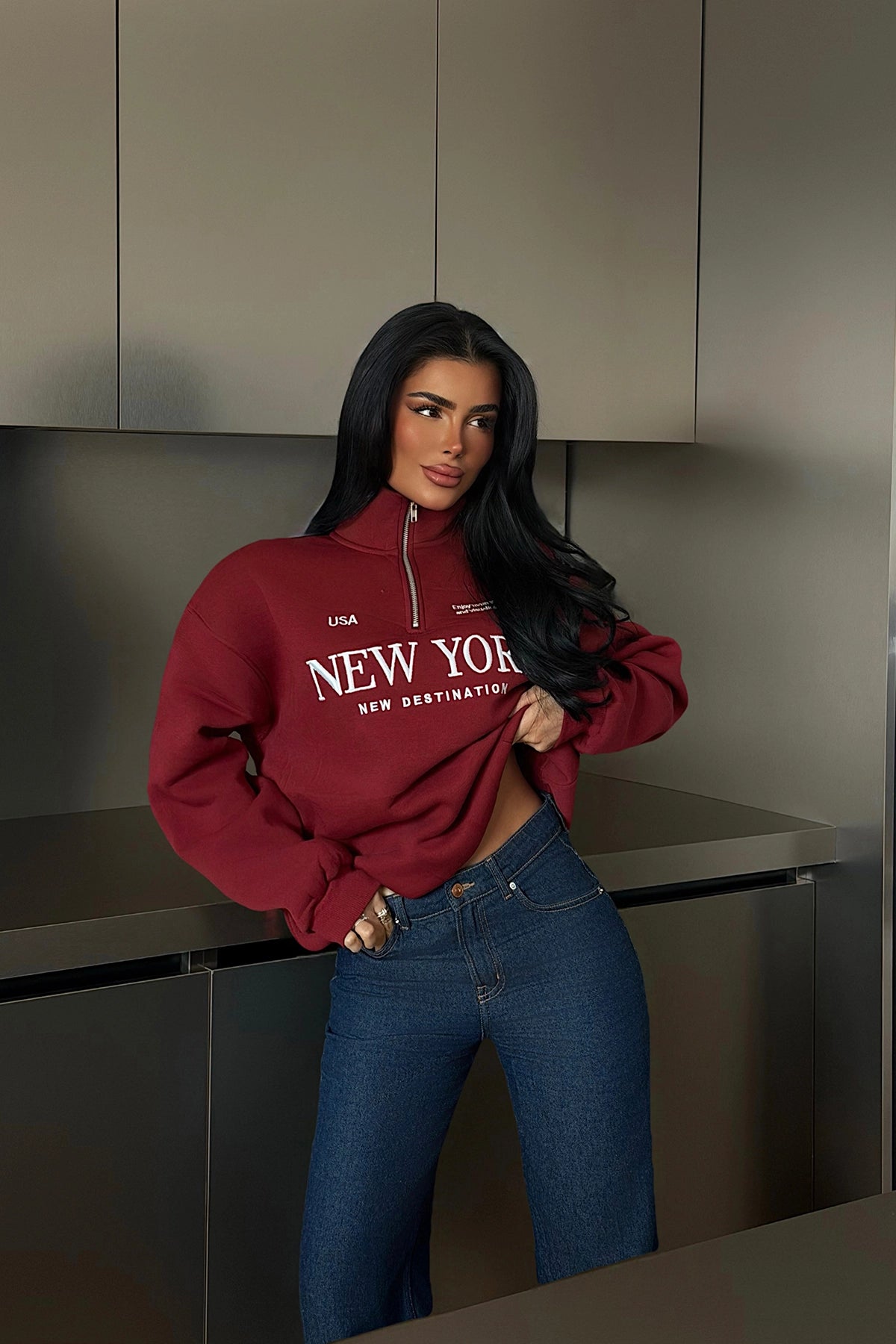 Bordo New York Yazılı Fermuar Detay Sweat S