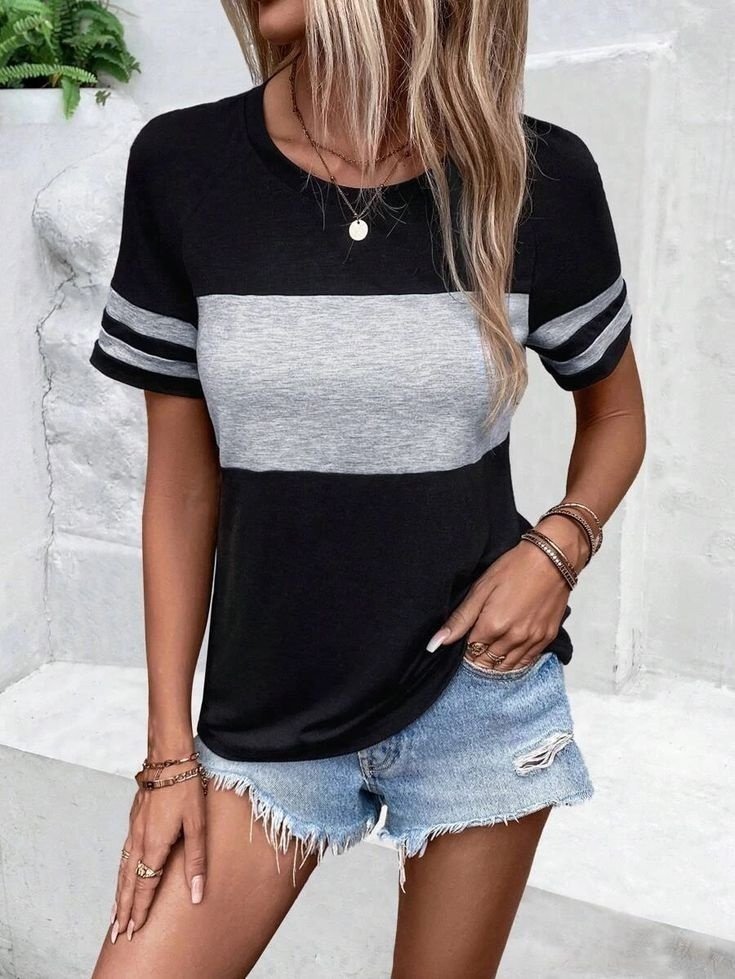 Women's Short Sleeve Crew Neck Two-Tone Viscose Blouse, 26522