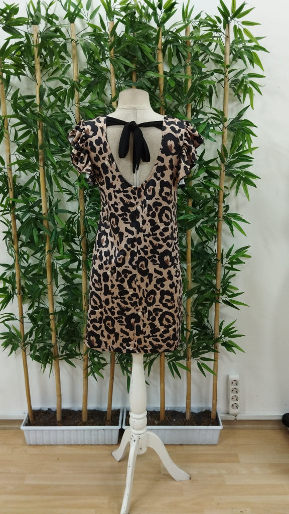 Kadın Kısa Kollu Fırfır Detay Arkadan Bağlamalı Leopar Desen Süprem Elbise , 34291