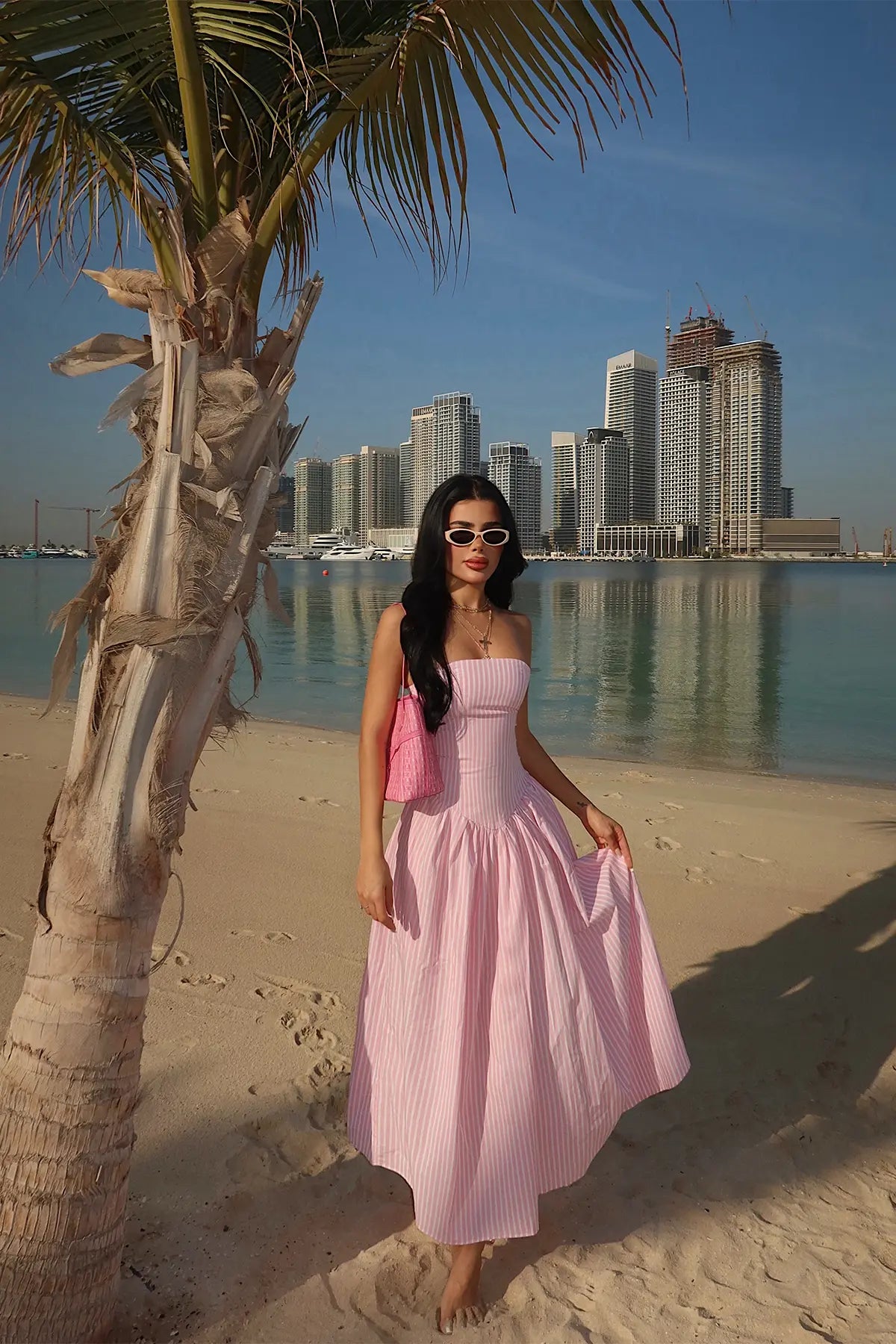 Pembe Bonnieh Çizgili Elbise