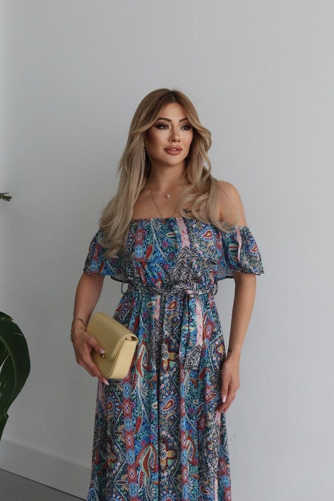 Kadın Kısa Kollu Madonna Yaka Fırfırlı Belden Yırtmaçlı Maksi Süprem Elbise, 36556