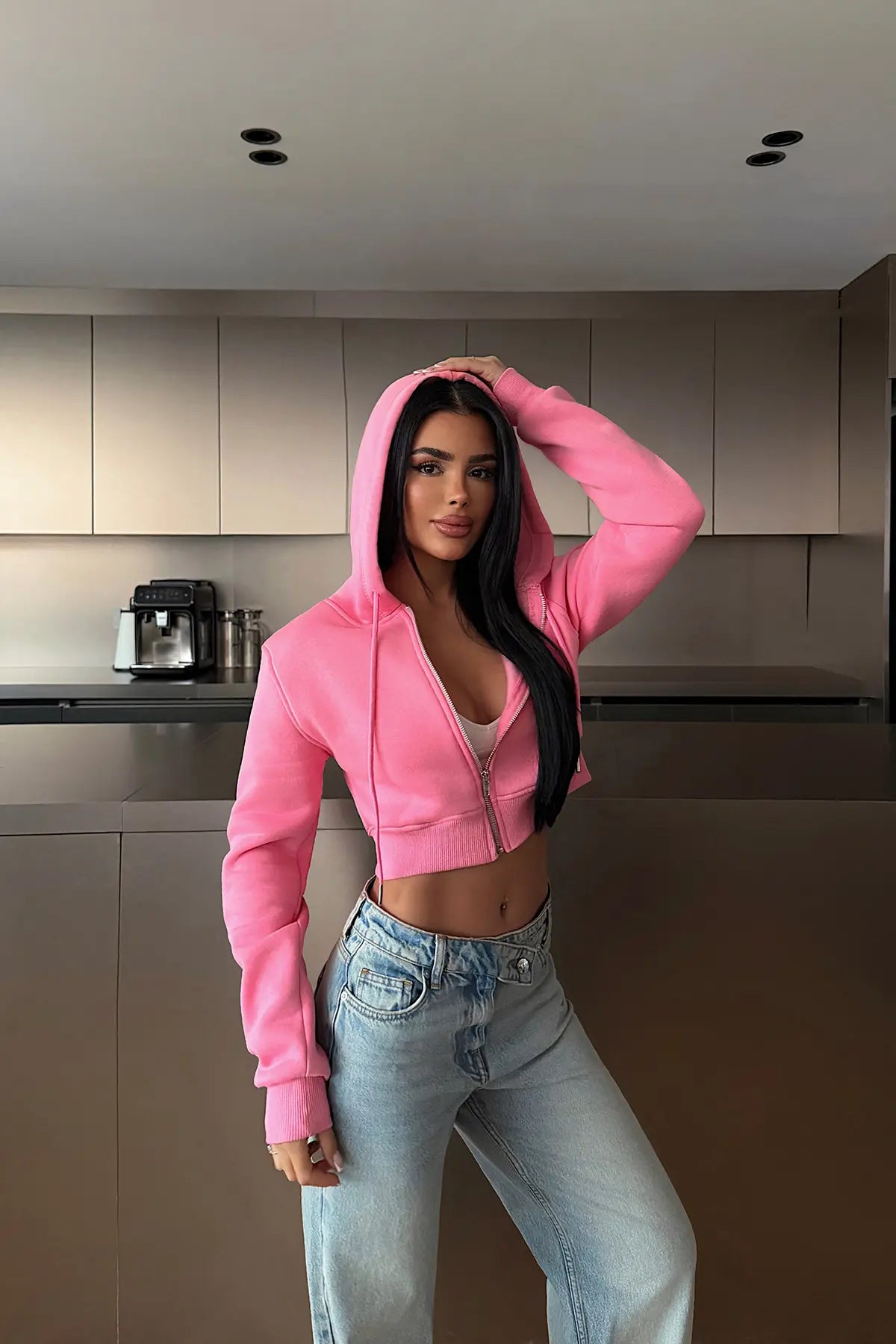 Pembe Crop Kesim Hırka