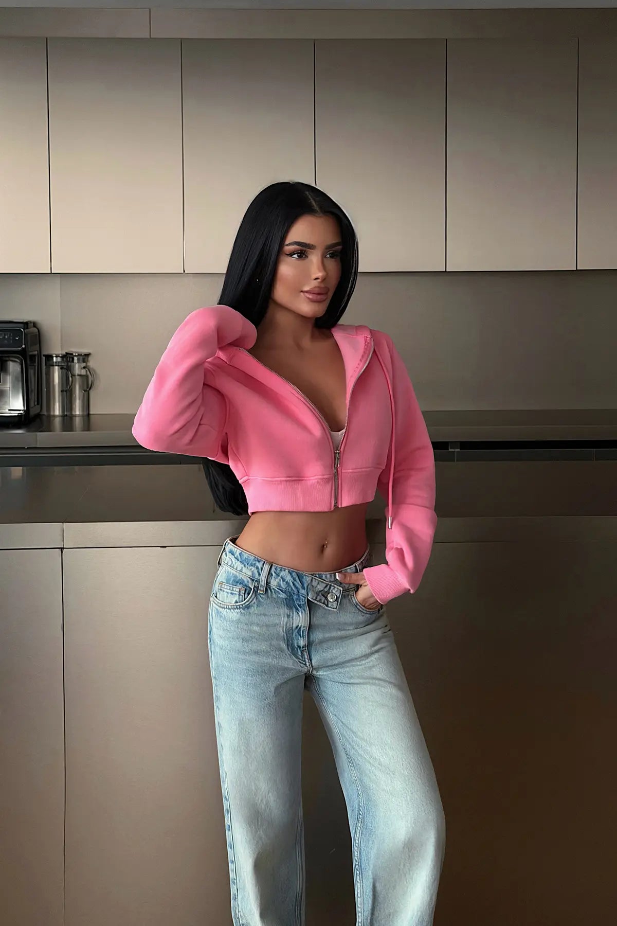 Pembe Crop Kesim Hırka