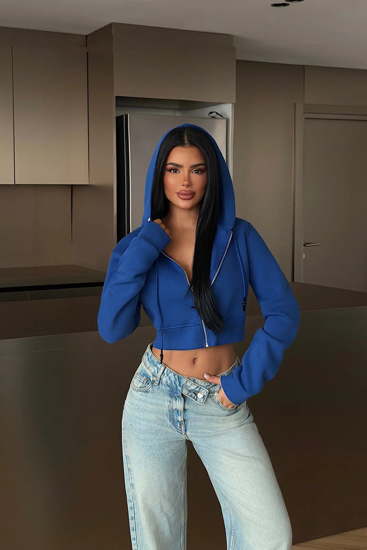 Saks Crop Kesim Hırka