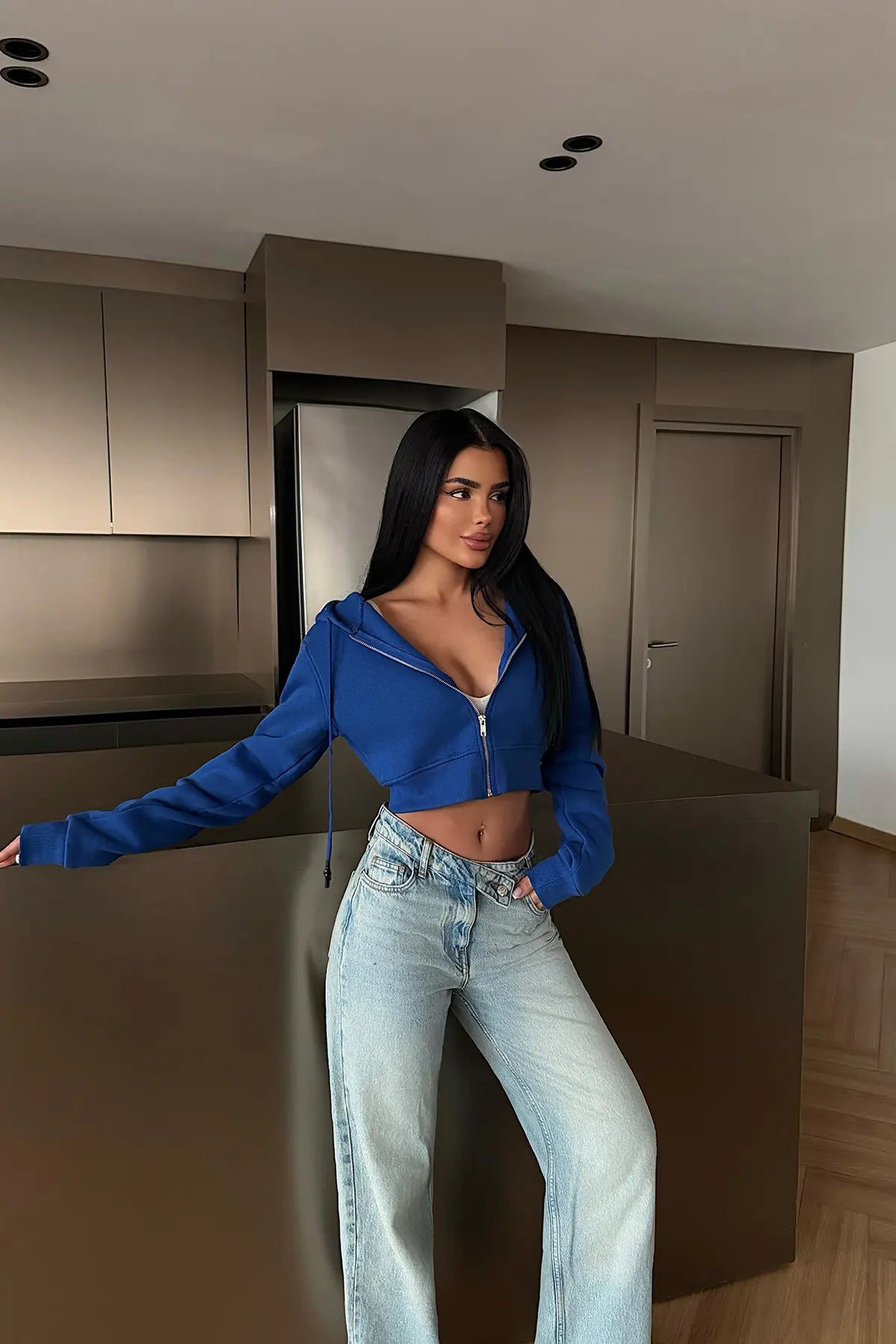 Saks Crop Kesim Hırka