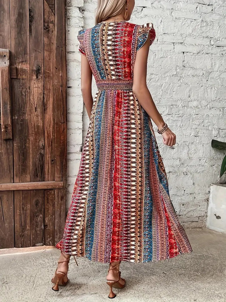 Women's Short-Sleeved V-Neck Patterned Supreme Dress with Side Slit, 23962